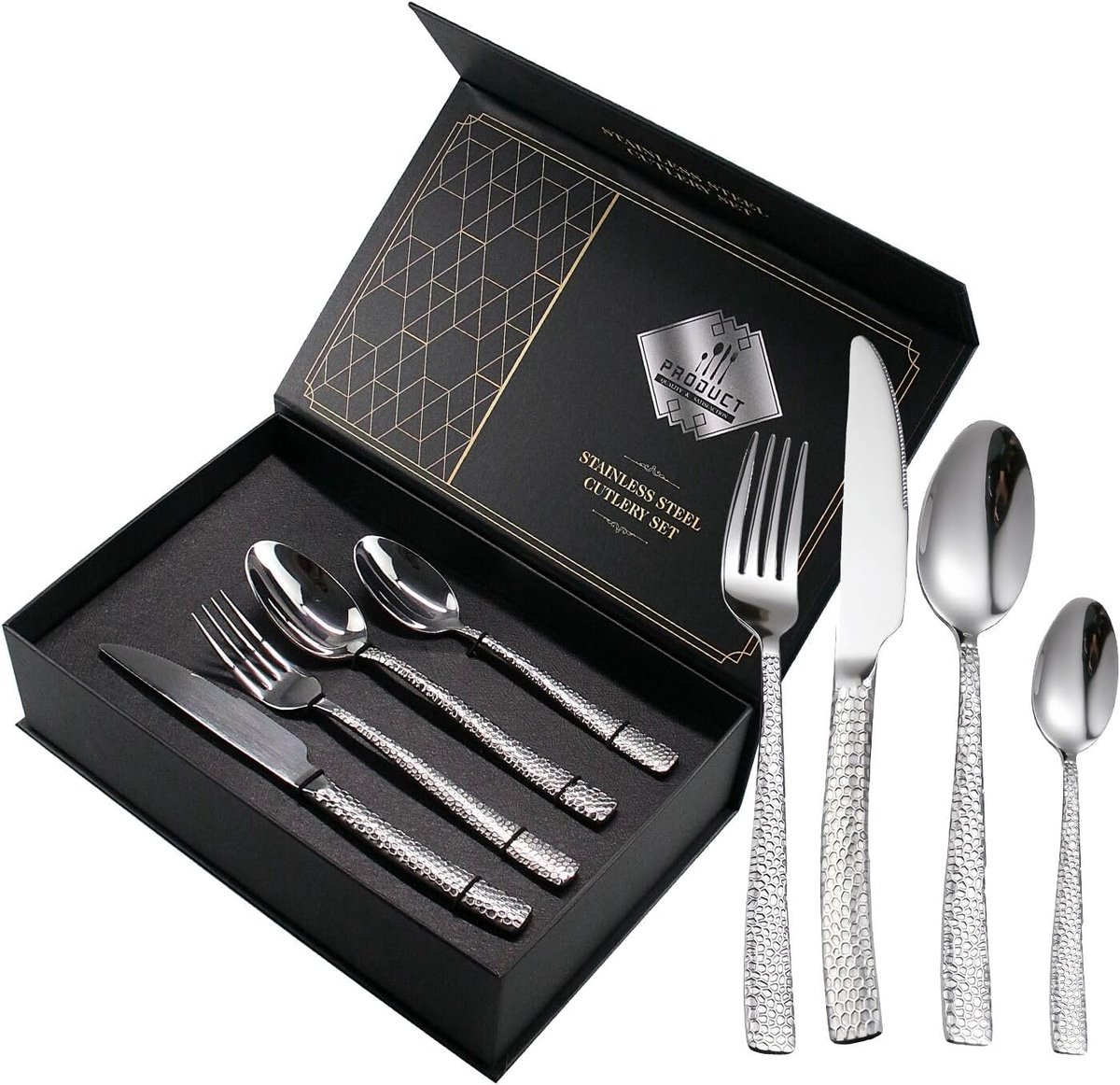 SnelShoppen - 24-Delige Gesmeed Bestekset, 18/0 RVS, Messen, Vorken, Lepels, Eettafel Bestek voor 6 Personen, Modern Zilver Bestek voor Thuis, Restaur