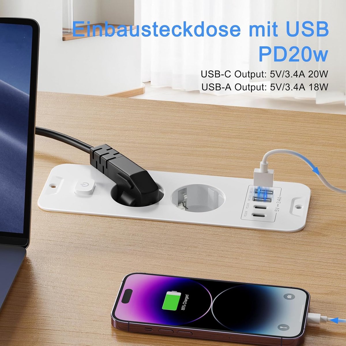 SnelShoppen - Tafelblad Inbouwstopcontact met 2 USB A en 2 Type C, Intrekbaar Stekkerdoos met Schakelaar, Tafelstopcontact voor Thuis en Kantoor, Wit,