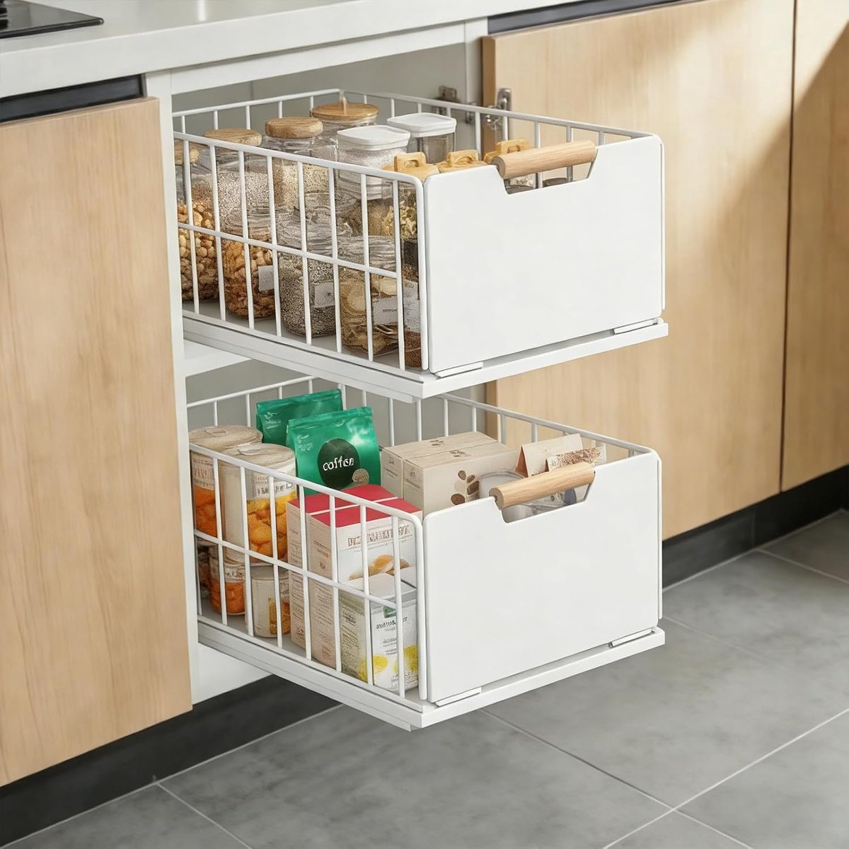 SnelShoppen - 2 Stuks Keuken Uittrekbare Lade Organizer met Houten Handvat, Metalen Telescopische Lade, Geen Boren, 40L x 25W x 18H cm