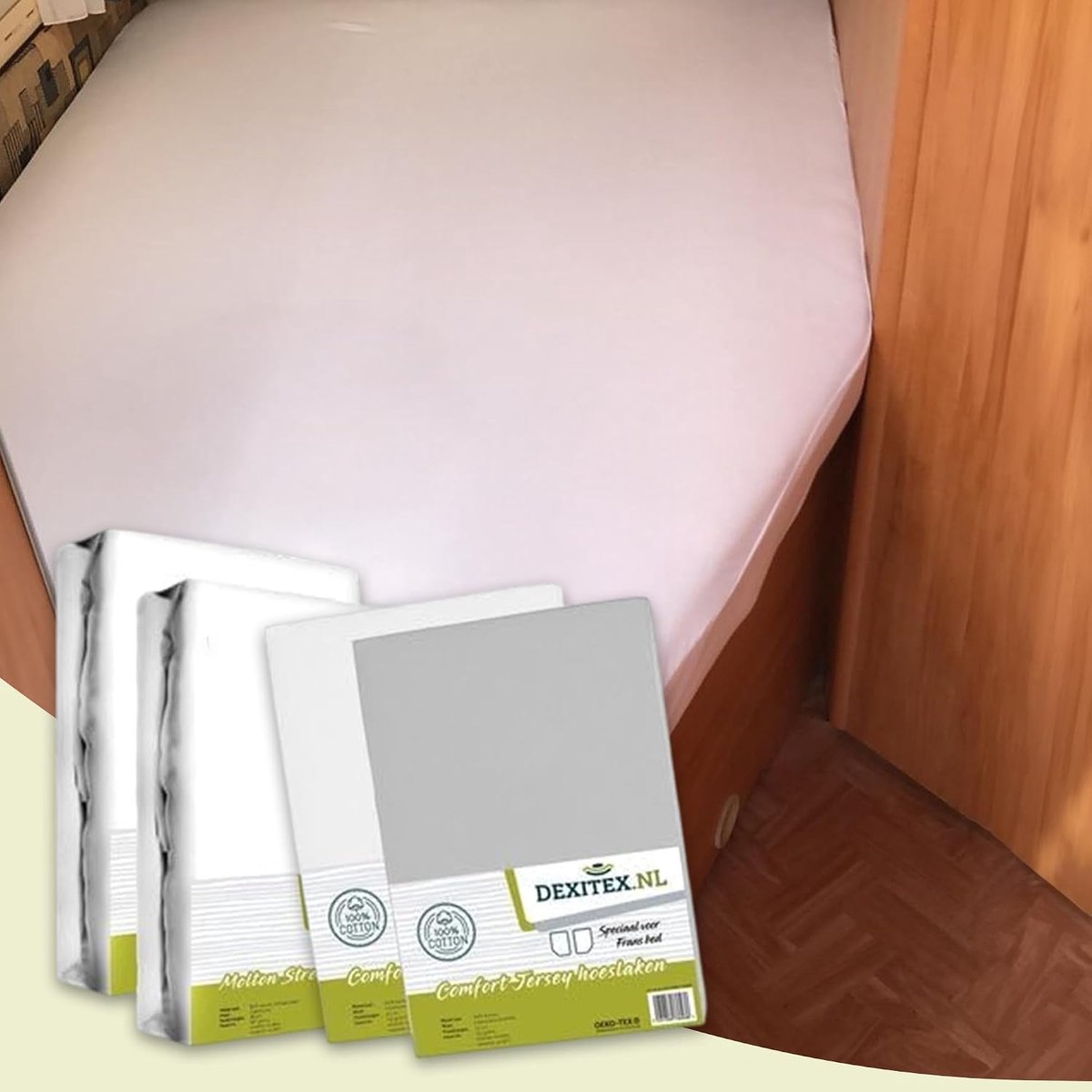 SnelShoppen - Hoeslakenset voor Campers - 4-delige Set - 2 Hoeslakens (Wit + Grijs) + 2 Molton Lakens - Geschikt voor Franse Matrassen - Oeko-TEX - Pe