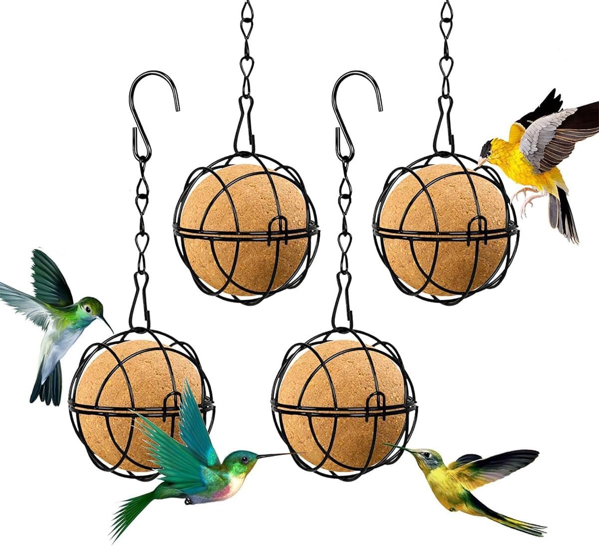 SnelShoppen - Pack van 4 Tit Ball Holders, Voederstation voor Vogels, Chisel Houder voor Hangend Voeren, Voederkolom met Dak voor Wilde Vogels in de T