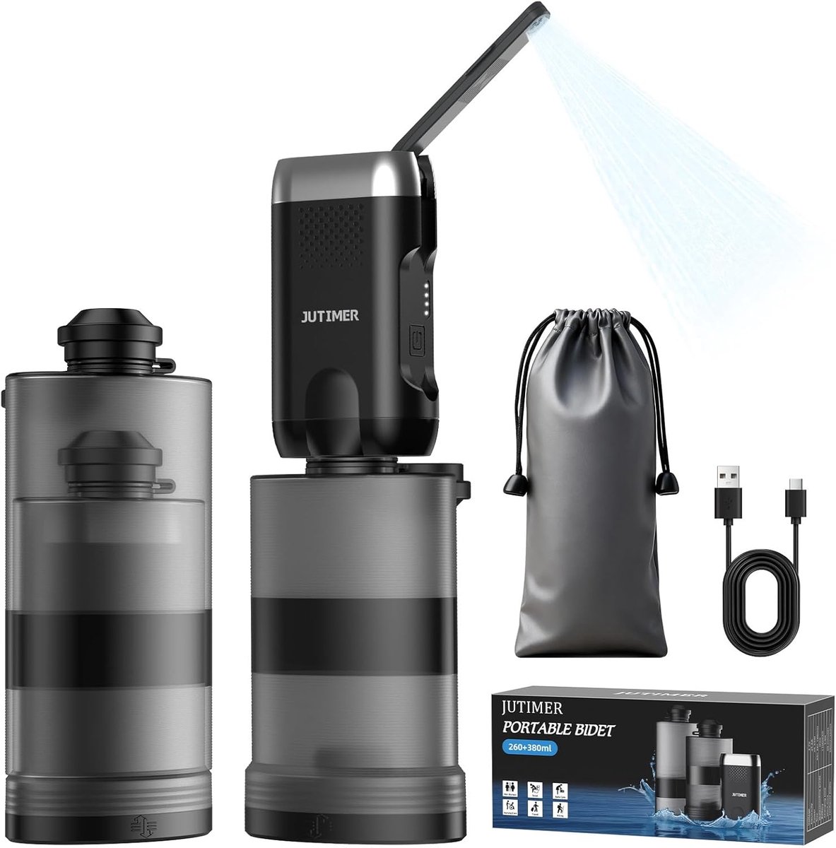 SnelShoppen - Po Elektrische Douche voor Reizen: 2-in-1 Set (260ml & 380ml) Draagbare Bidet met 180° Verstelbare Sprayer, Oplaadbare Intieme Douche vo
