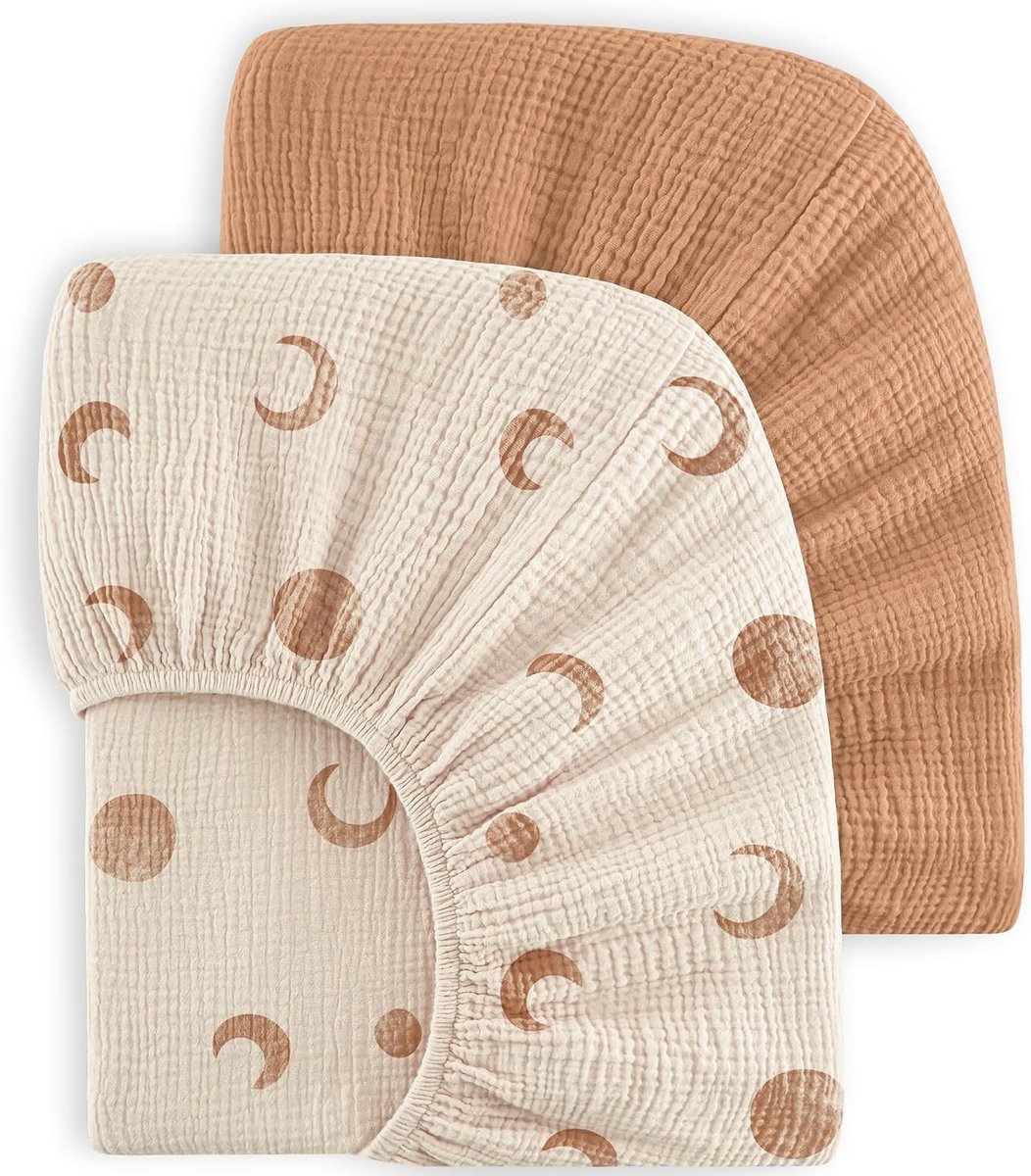 SnelShoppen - Set van 2 Fitted Sheets voor Kinderen, Muslin Fitted Sheet 100% Katoen, 60x120cm/140x70cm, Bruin, Ideaal voor Reisbed en Thuis