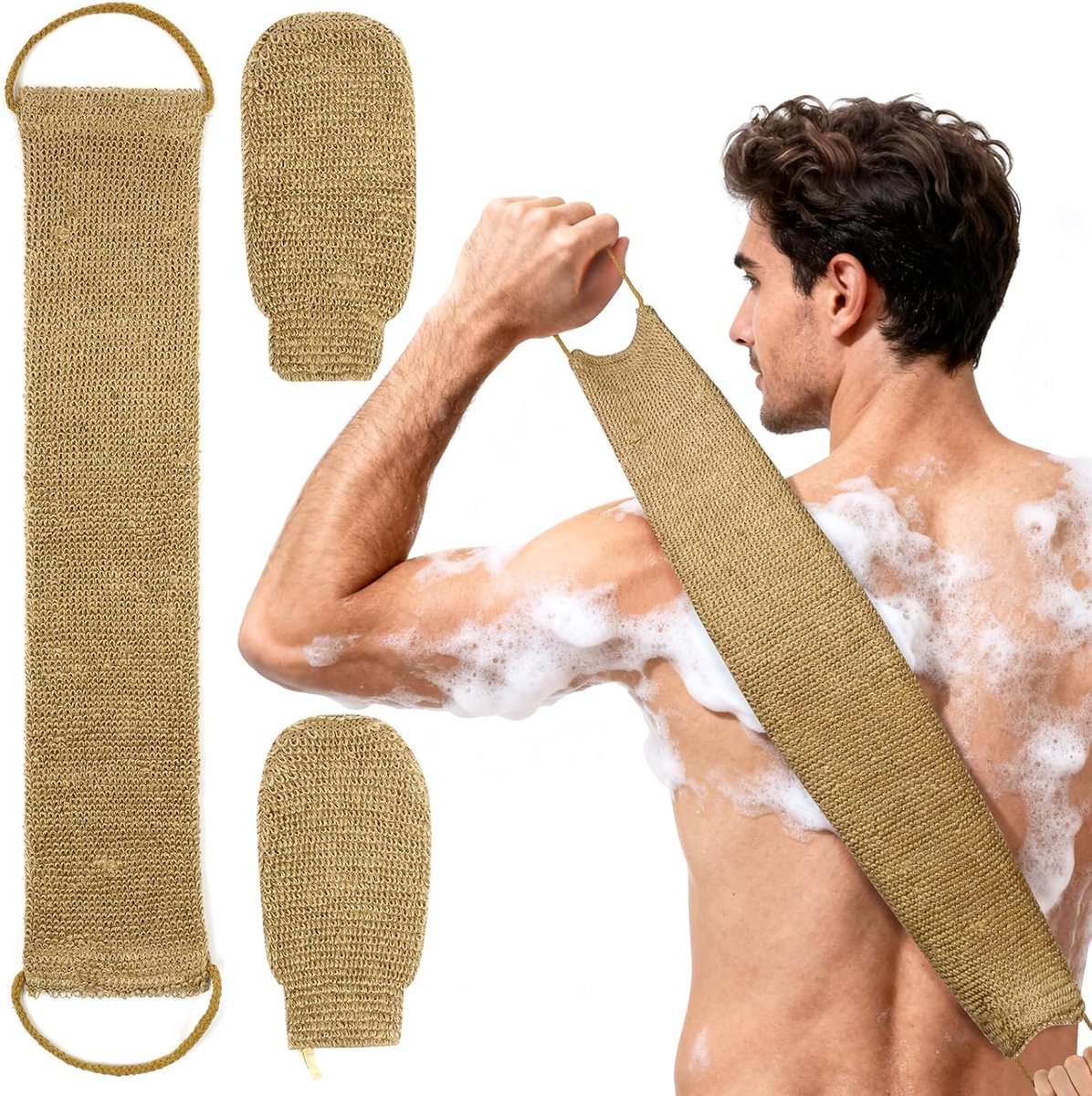SnelShoppen - Exfoliërende Badset met Jute Back Scrubber en 2 Exfoliërende Handschoenen - Natuurlijke Jute Materialen - Extra Lange Rug Scrubber Towel