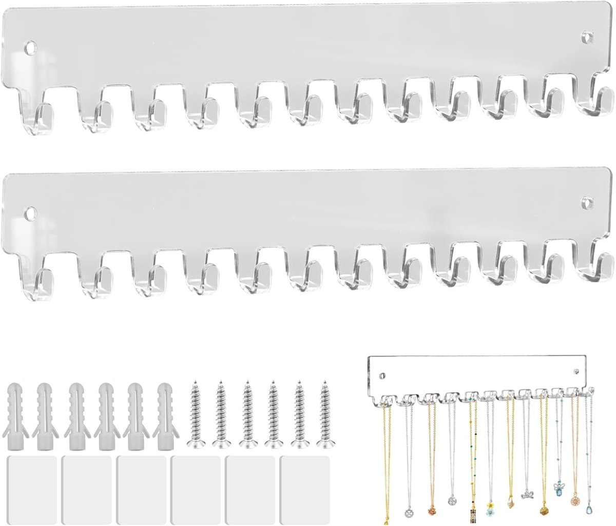SnelShoppen - Jewelry Holder Wand Ketting Stand met 12 Haakjes voor Sieraden, Armbanden, Oorbellen, Sleutels en Ringen, Duurzaam Acryl, 2 Stuks Transp