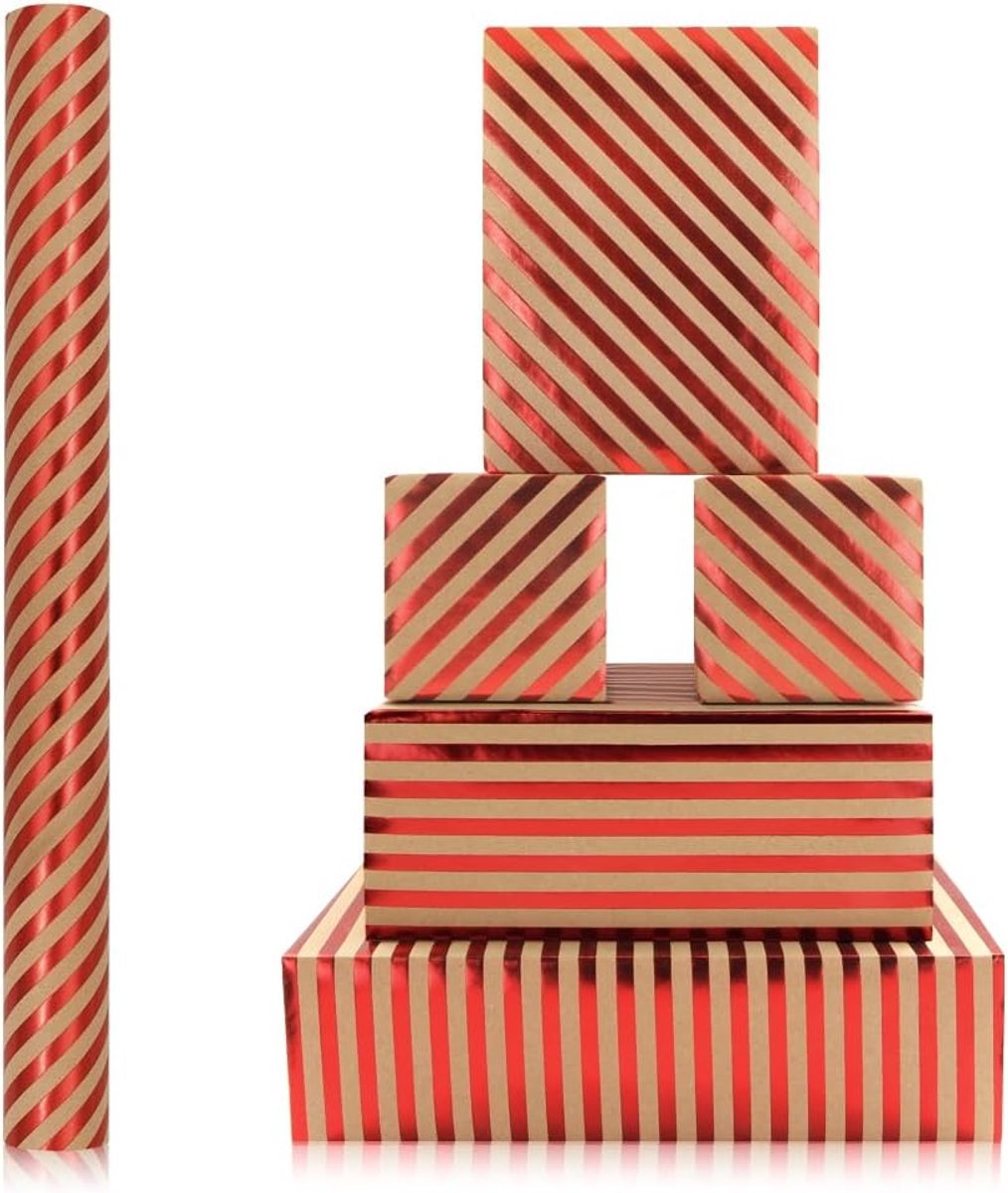 SnelShoppen - Rood Gestreept Kraftpapier Rol met Goud Hete Stempeling - Luxe Snoepriet Geschenkpapier voor Kerst, Verjaardag, Feestdagen - 43 cm x 300
