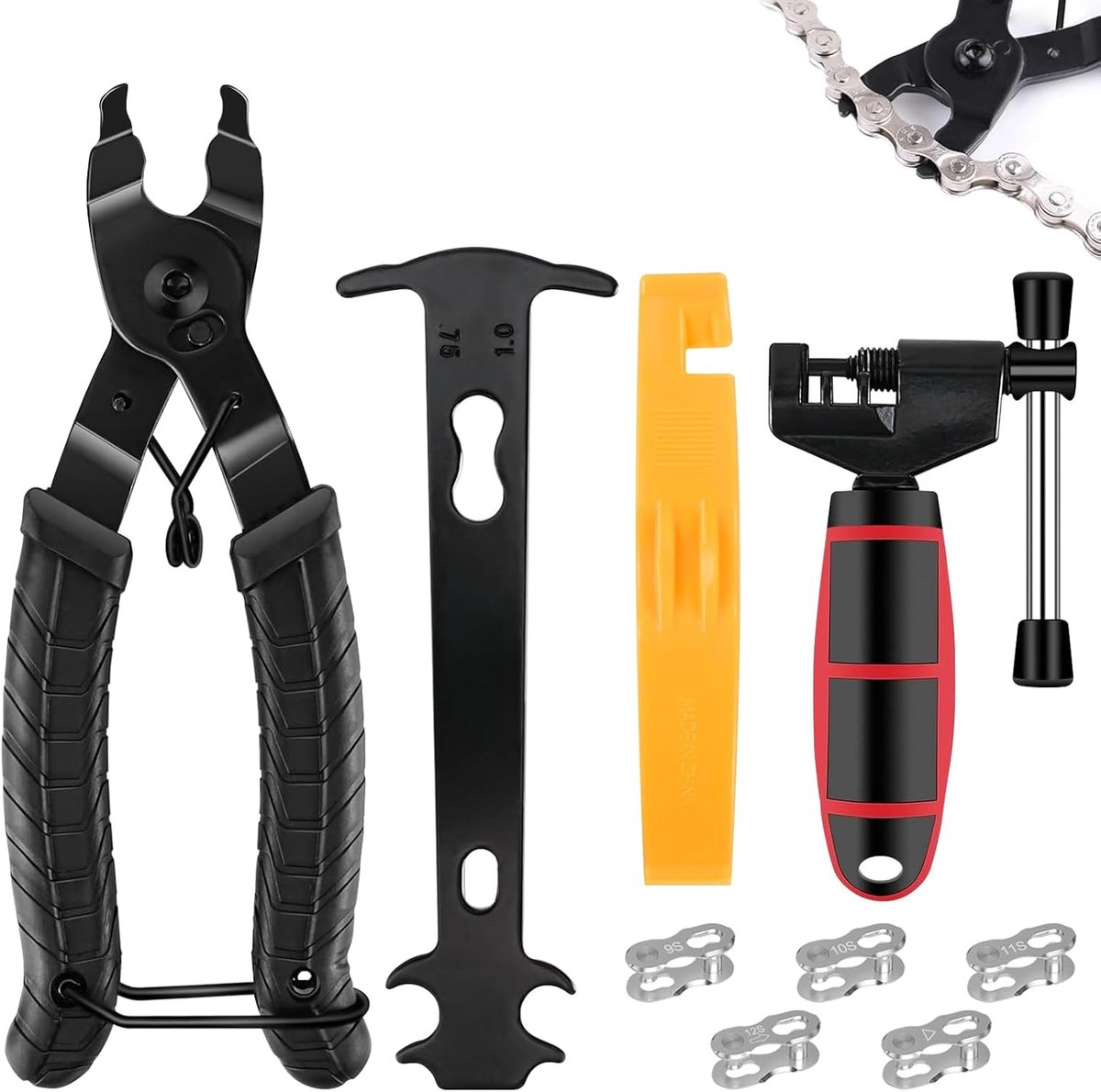 SnelShoppen - 9-delige Fietsketting Set, Fiets Ketting Gereedschap, Ketting Lock Tangen, 4 Paar Fietskettingen, Rivets, Bandenlepel, Kettingmes, All-i
