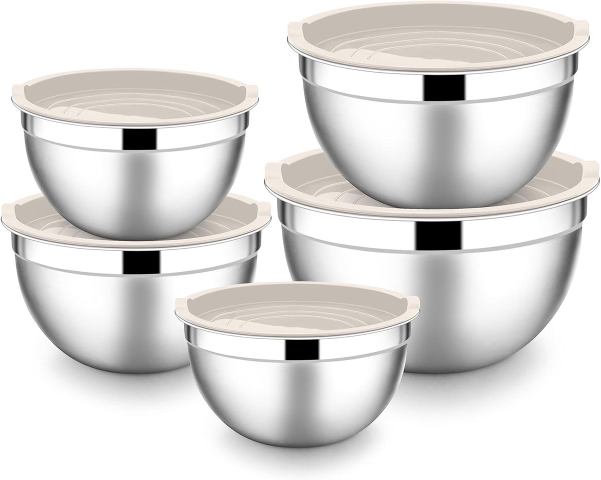 SnelShoppen - Mixing Bowls Set van 5 RVS Saladeschalen met Luchtdichte Deksel - 4.5L / 2.7L / 1.5L / 1.2L / 0.7L Ideaal voor Koken, Bakken, Opslag, St