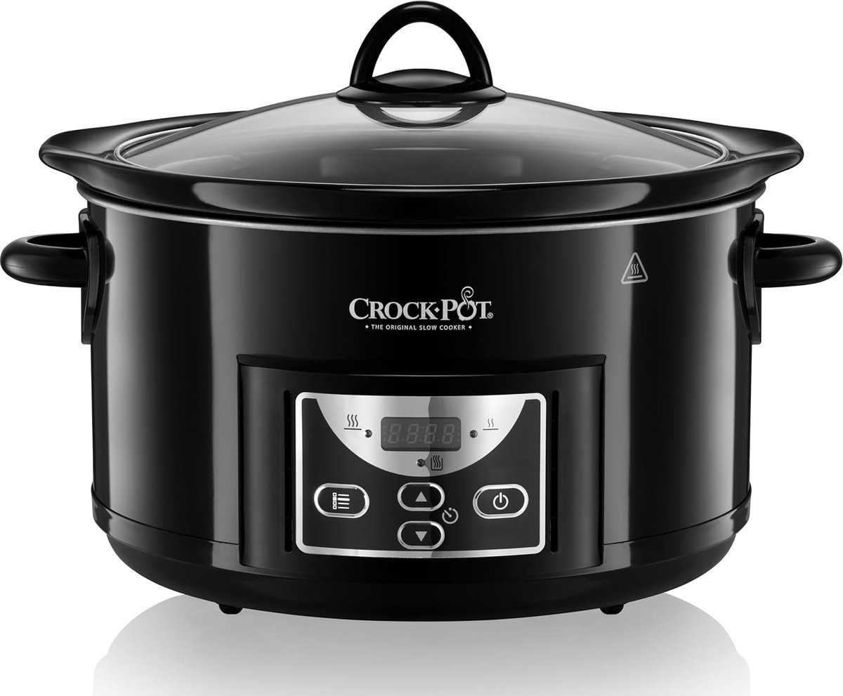 SnelShoppen - Slow Cooker 4.7L met Digitale Countdown Timer, Houd Warm Functie, Afneembare Ovenbestendige Pot, Zwart, Ideaal voor Feest, Camping en Ke
