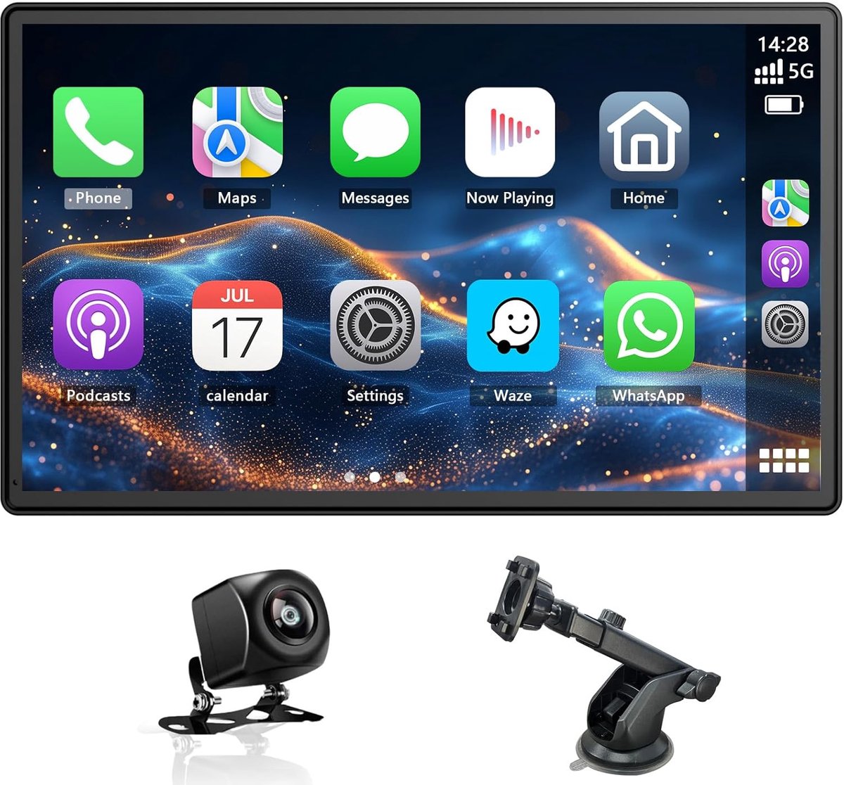 SnelShoppen - 9'' Draadloos Carplay & Android Auto Scherm voor Auto - 1080P Draaibaar Scherm met Bluetooth, GPS Navigatie, Stemassistent, Mirror Link