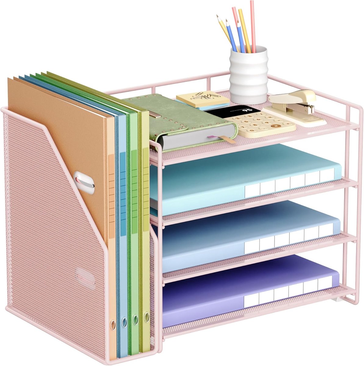 SnelShoppen - Desk Organiser met 4 Laags Letterbak, Bestandenhouder met Stand, A4 Documenten en Tijdschriften Organizer in Roze, Duurzaam Metaal en St