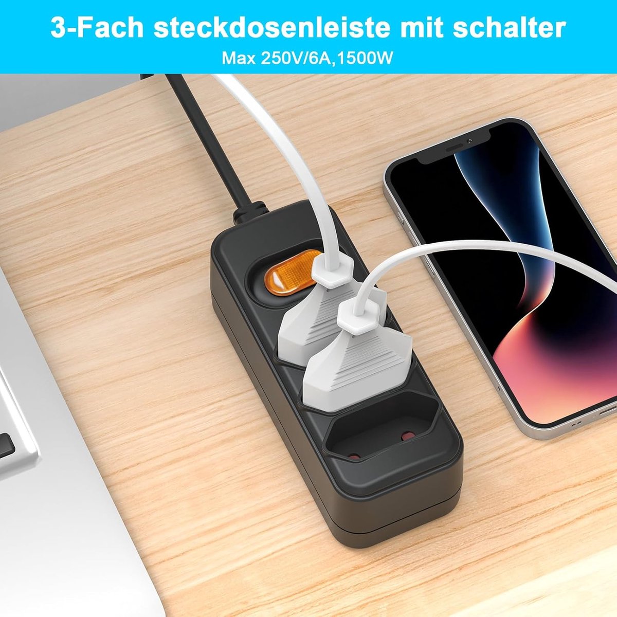 SnelShoppen - 3m Euro Extension Kabel 3-Weg Meerdere Stekkerdoos met Schakelaar, 1 naar 3 Euro Aansluitingen voor TV, Computer, Lamp - Zwart
