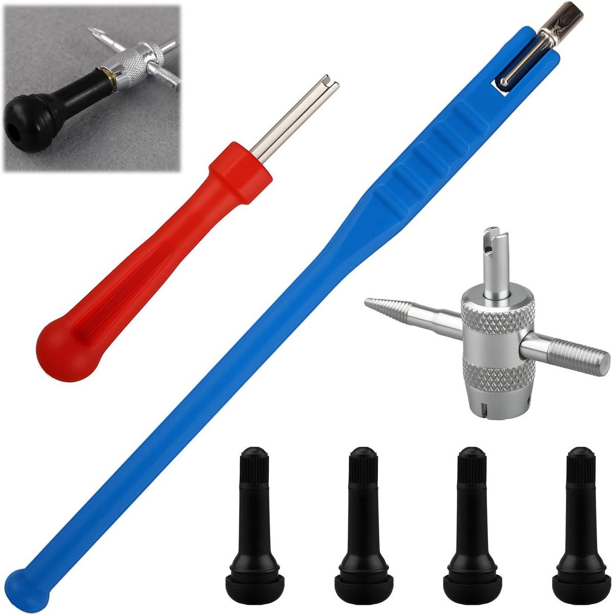 SnelShoppen - Set van 7 Auto Ventiel Gereedschappen, Obus Ventiel Dismanteling Set met Obus Ventiel Sleutel, 4-in-1 Dubbelhoofd Trekker en 4 Tubeless