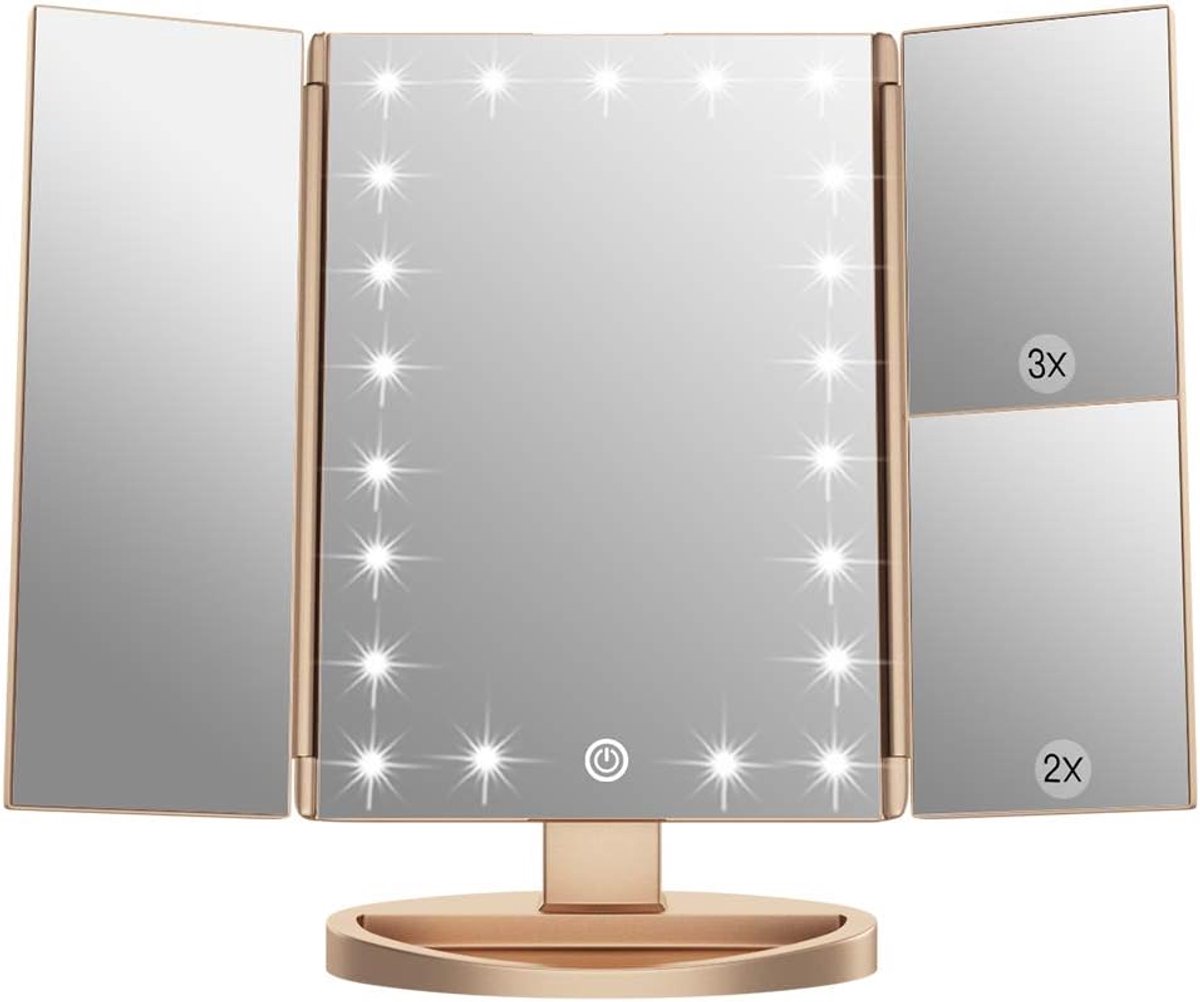 SnelShoppen - Makeup Spiegel met 1x/2x/3x Vergroting, 21 LED Lichten, Touch Screen, Verstelbaar, Goud, Perfect voor Make-up, Cosmetica, Huishouden