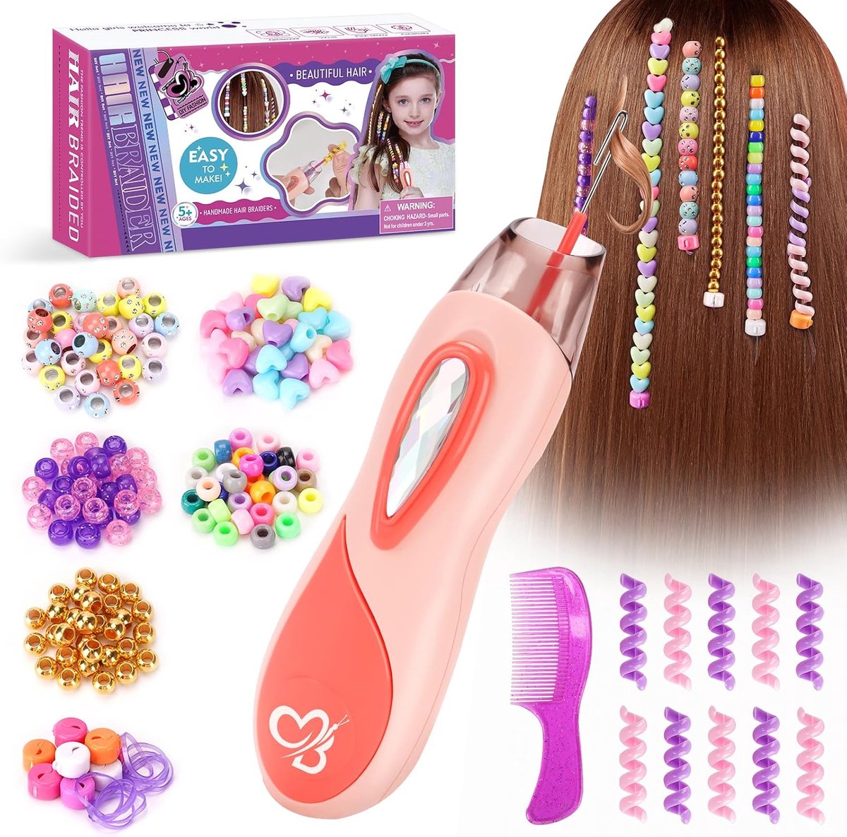 SnelShoppen - Cadeau meisjes 5-10 jaar: doe-het-zelf haarkralen set, creatief speelgoed met haarvlechtmachine, haardecoraties voor kinderen, kleurrijk