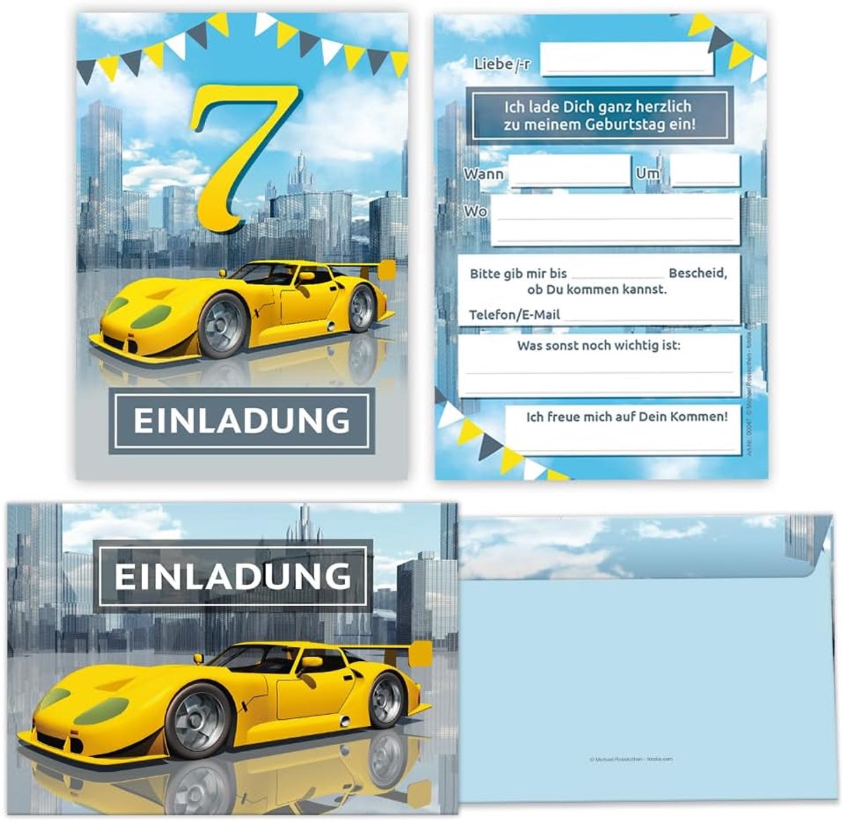 SnelShoppen - 8 Uitnodigingskaarten Raceauto 7e Verjaardag Jongen incl. Enveloppen A6 300 g/m2 Stoere Uitnodigingen Feest