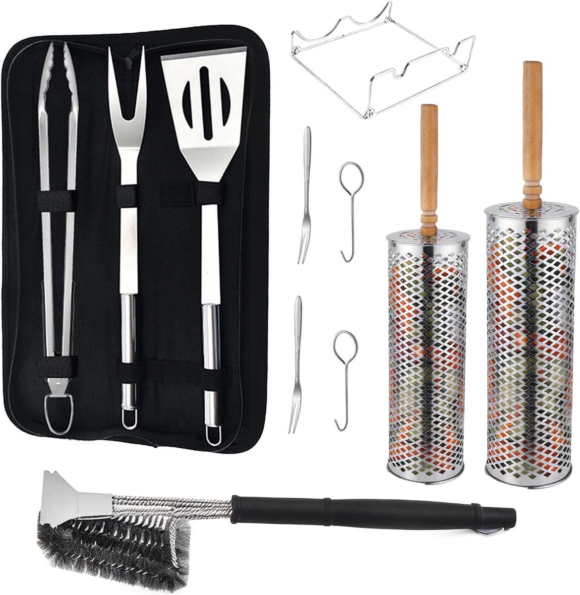 SnelShoppen - Premium Grillset BBQ Accessoires met Rolmanden, Roestvrij Staal 304, Compleet met Tang, Vork, Spatel en Reinigingsborstel voor Kolen, Ga