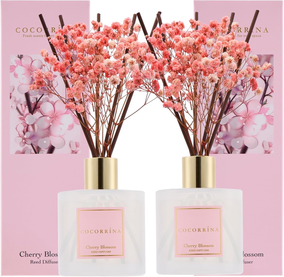SnelShoppen - Reed Diffuser 2-pack Cherry Blossom - Langdurige geur - Fruitig, Bloemig & Zoet - Perfect voor Thuis en Werk - 90 Dagen Geur
