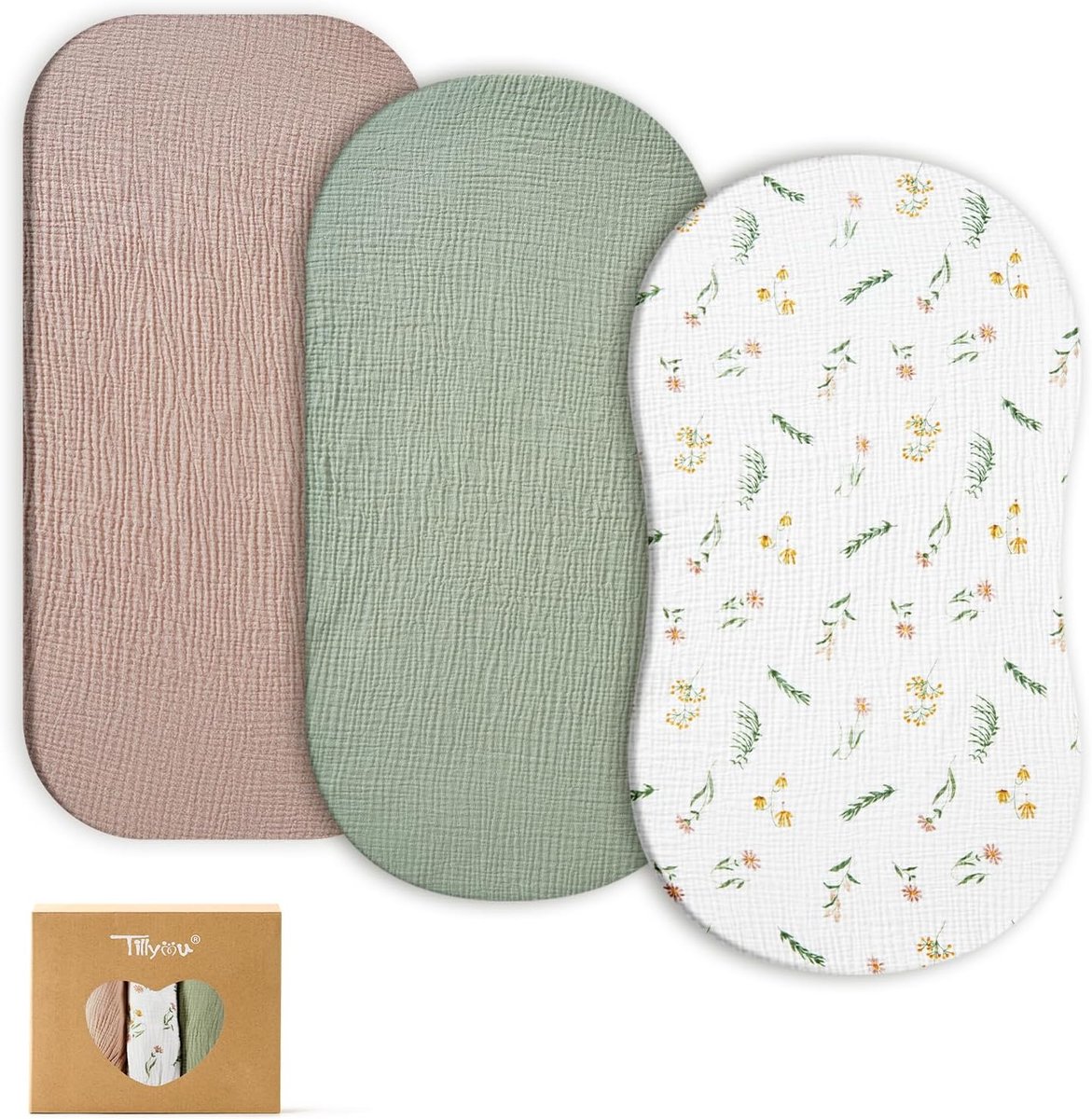 SnelShoppen - Musselin Fitted Sheets Set van 3 Fitted Sheets voor Kinderbed 40 x 80 cm - 100% Katoen, Ademend en Zacht, Bloemenprint voor Baby's