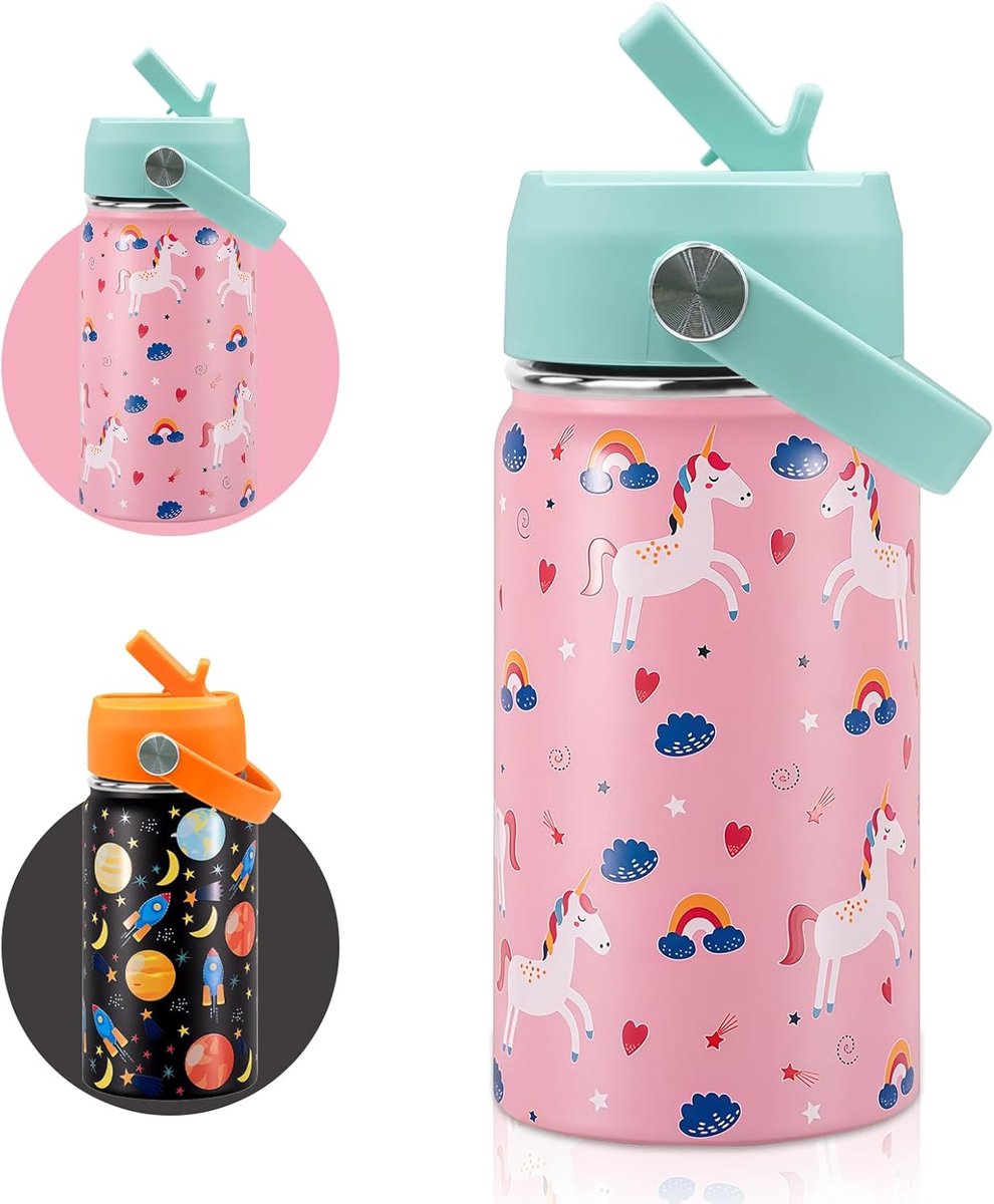 SnelShoppen - 350ml Geïsoleerde Waterfles voor Kinderen met Rietjesdeksel en Handvat - Lekbestendig Roestvrij Staal - Ideaal voor Warme en Koude Drank