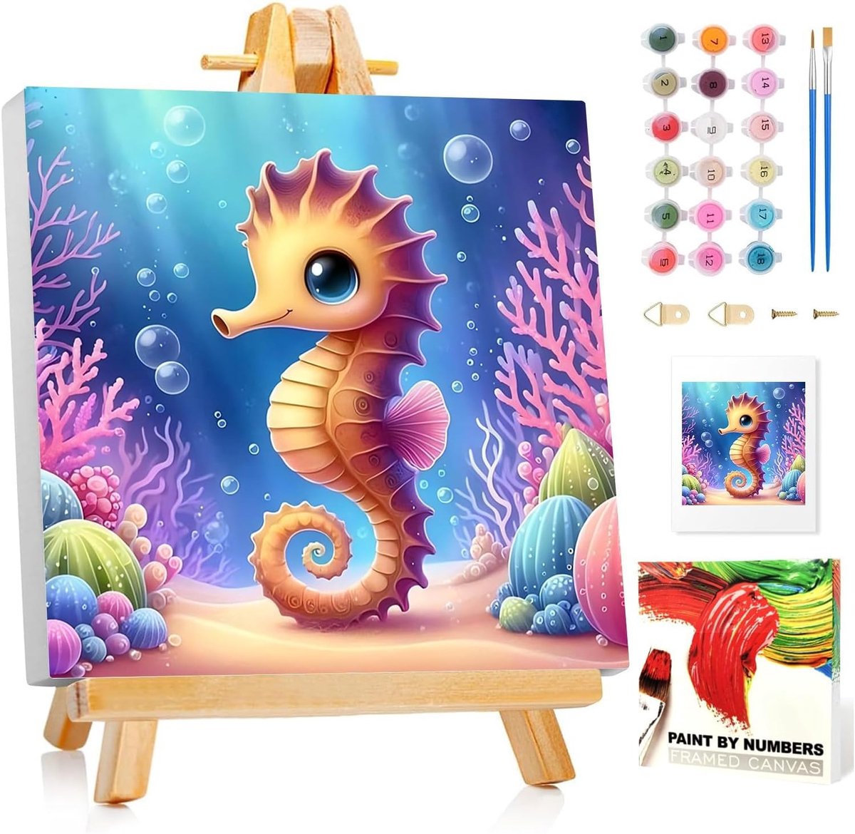 SnelShoppen - Seahorse Schilderen op Nummeren voor Kinderen met Lijst 20x20 cm - Creatief Schilderpakket voor Jongens en Meisjes van 5 tot 10 Jaar - P
