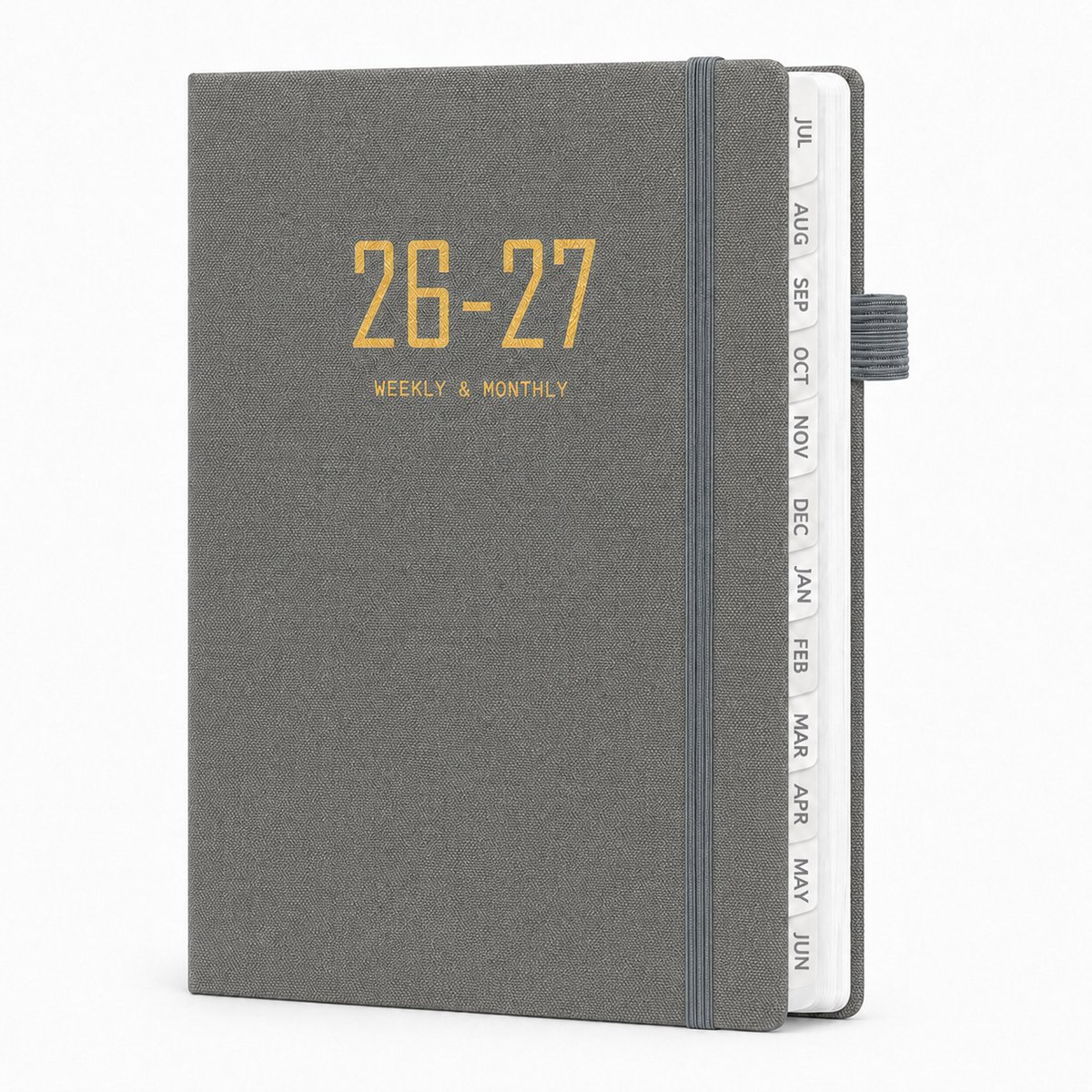 Agenda 2026-2027 - A5 Dagplanner -21*15.5cm - 2026 t/m2027 - Weekplanner met Uurindeling - Inclusief Kleurtabbladen en Penhouder - Hardcover Organizer voor Werk en Studie-Grijs