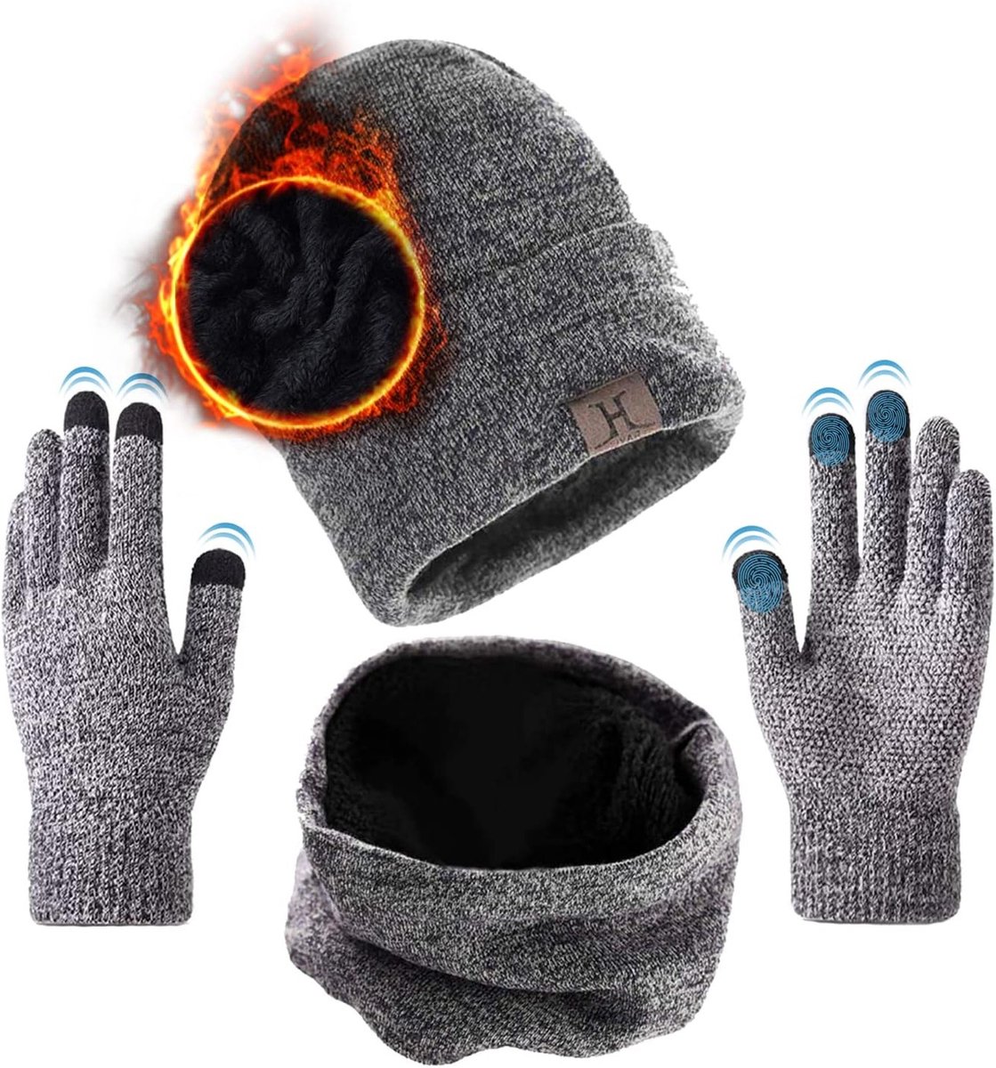 3-in-1 Set voor Koude Weer: Fleece Gevoerde Beanie, Infinity Sjaal en Touchscreen Handschoenen voor Mannen en Vrouwen