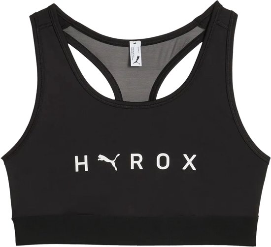 Zwarte sportbeha met 'HYROX' logo op de voorkant.