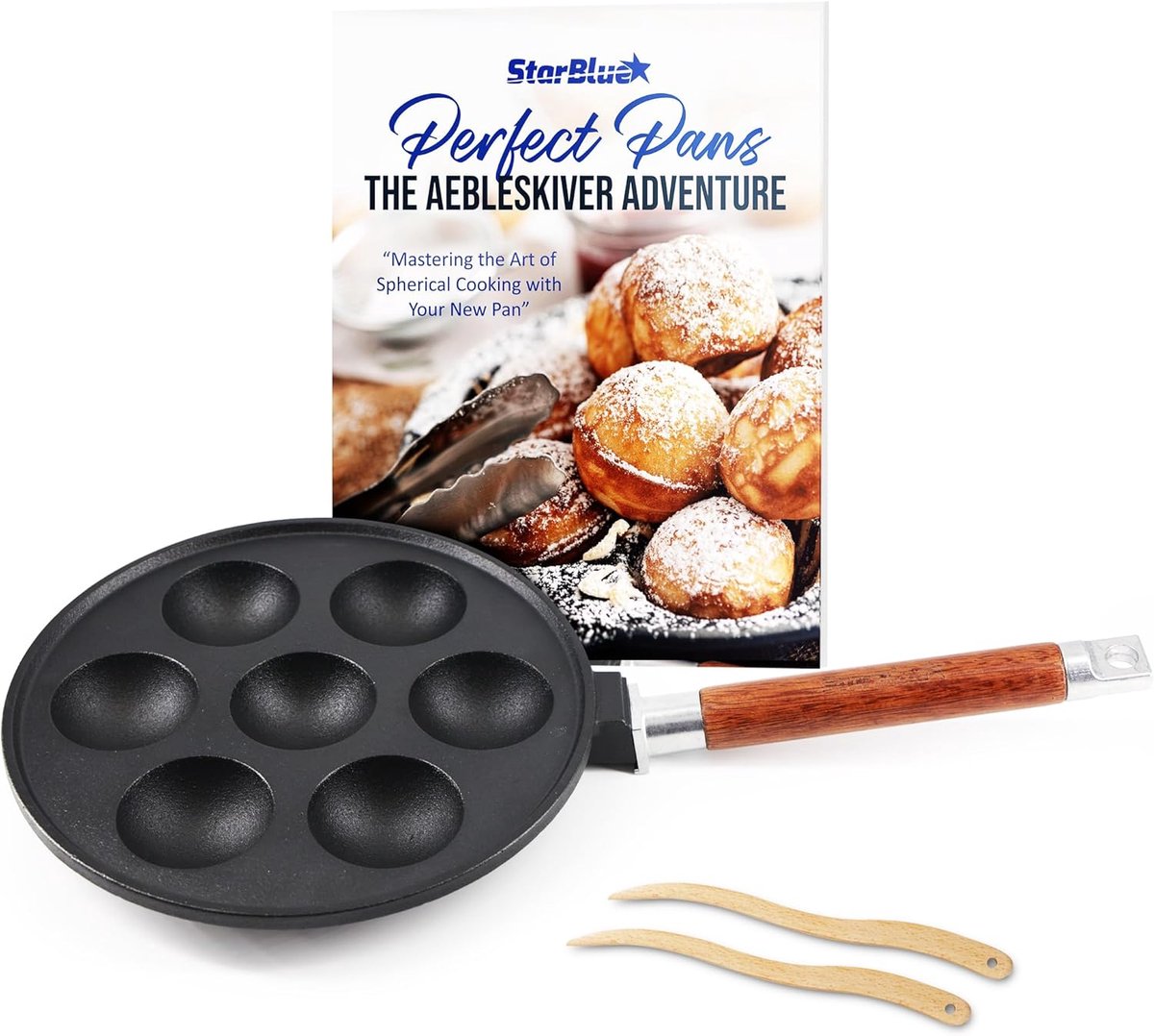 SnelShoppen - 7-Hole Gietijzeren Aebleskiver Pan met Afneembare Houten Handgreep, Vooraf Geseasoned, Inclusief Aebleskiver Sticks en Receptenboek - Pe
