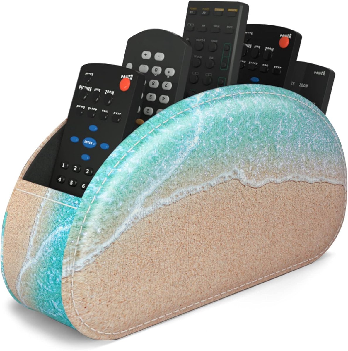 SnelShoppen - Remote Control Holder met 5 Compartimenten, PU Leer Organiser voor TV Afstandsbediening, Media Speler, Make-up Penselen, Sandy Beach Kle