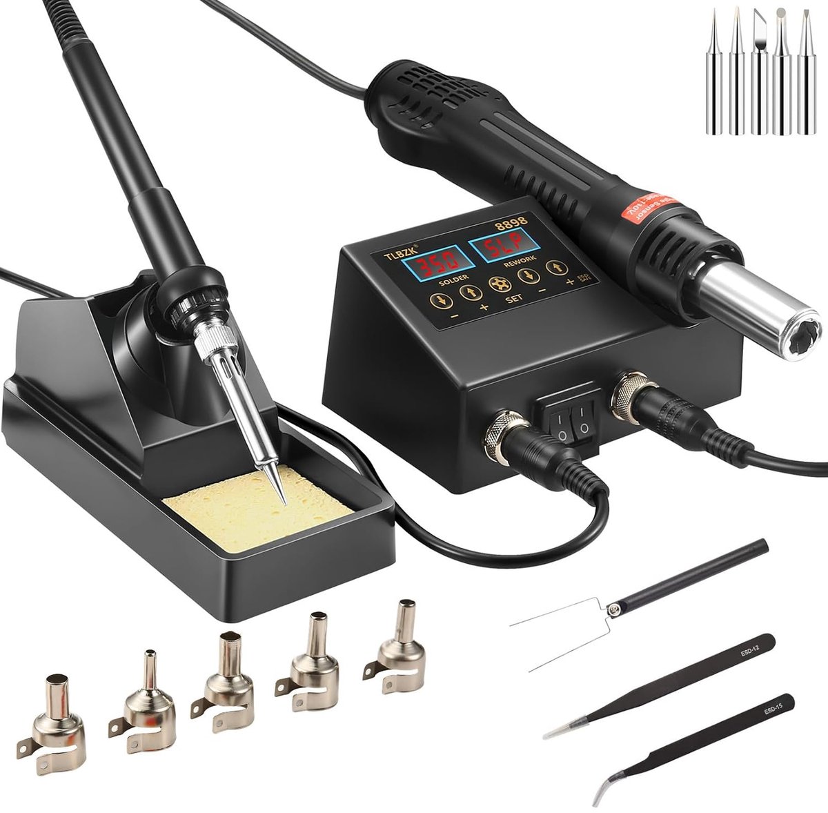 SnelShoppen - Soldering Station 2-in-1 met Hot Air Gun, SMD Reparatie Kit, Digitale Temperatuurcontrole, Inclusief Soldering Tips en Tweezers