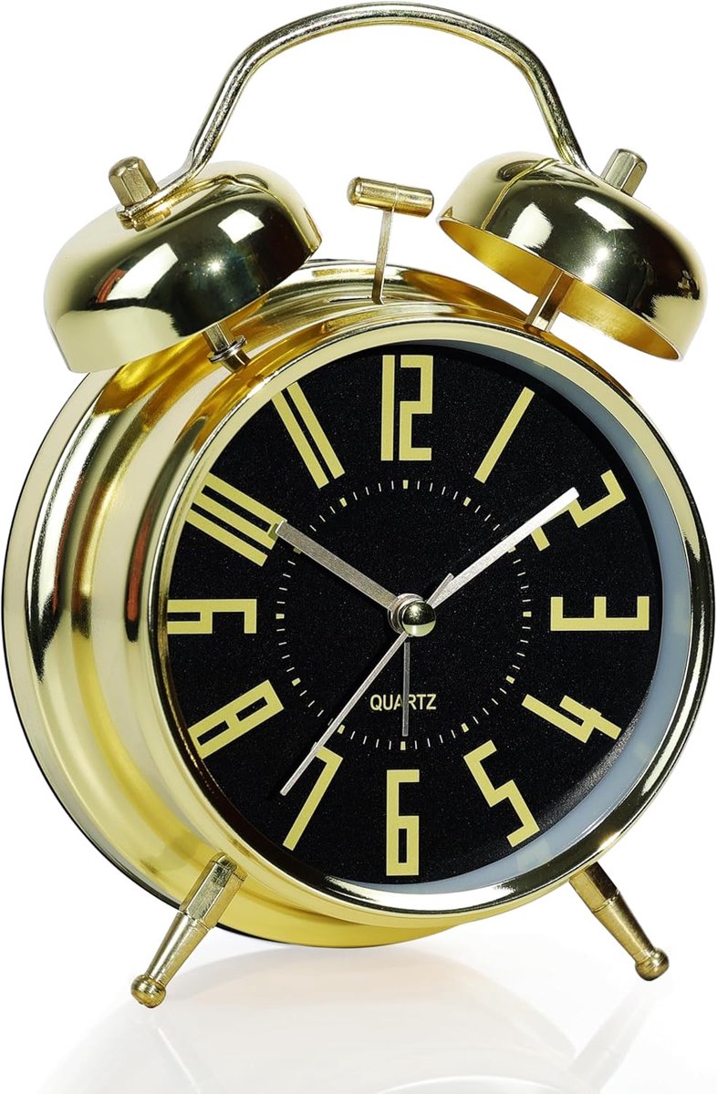 SnelShoppen - Retro Dubbelbel Alarmklok voor Zware Slapers, 10cm Gouden Desk Klok met Stille Analoge Beweging en Nachtlampje, Ideaal voor Slaapkamer o