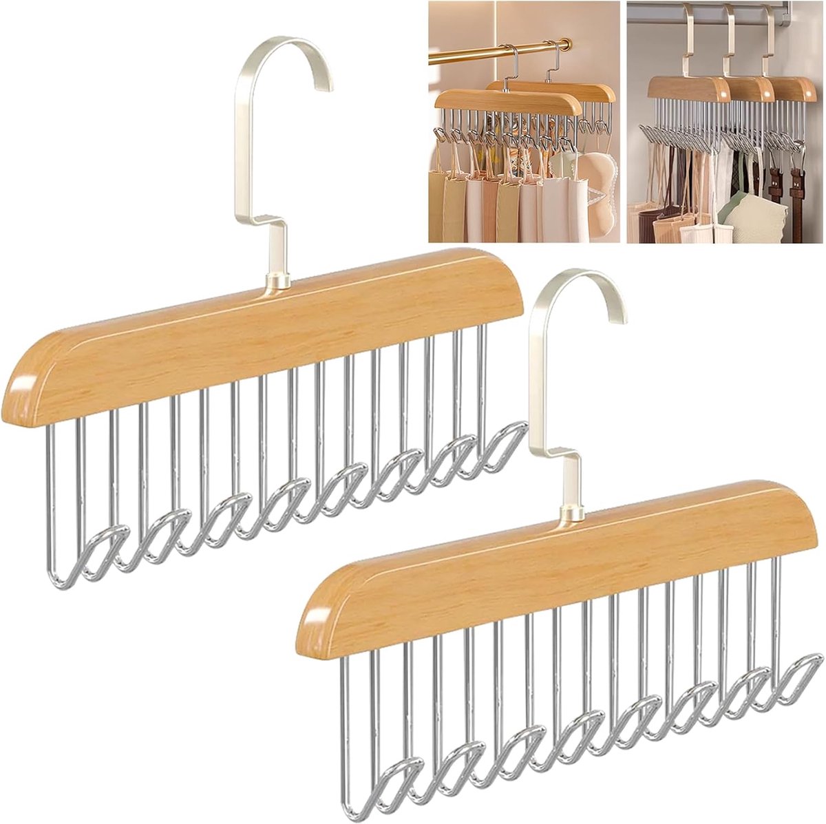 SnelShoppen - Rotatable Wooden Clothes Hanger 28x18x3cm met 8 Rvs Haken voor Riemen, Sjaals en Accessoires | Duurzaam Houten Organizer voor de Kleding
