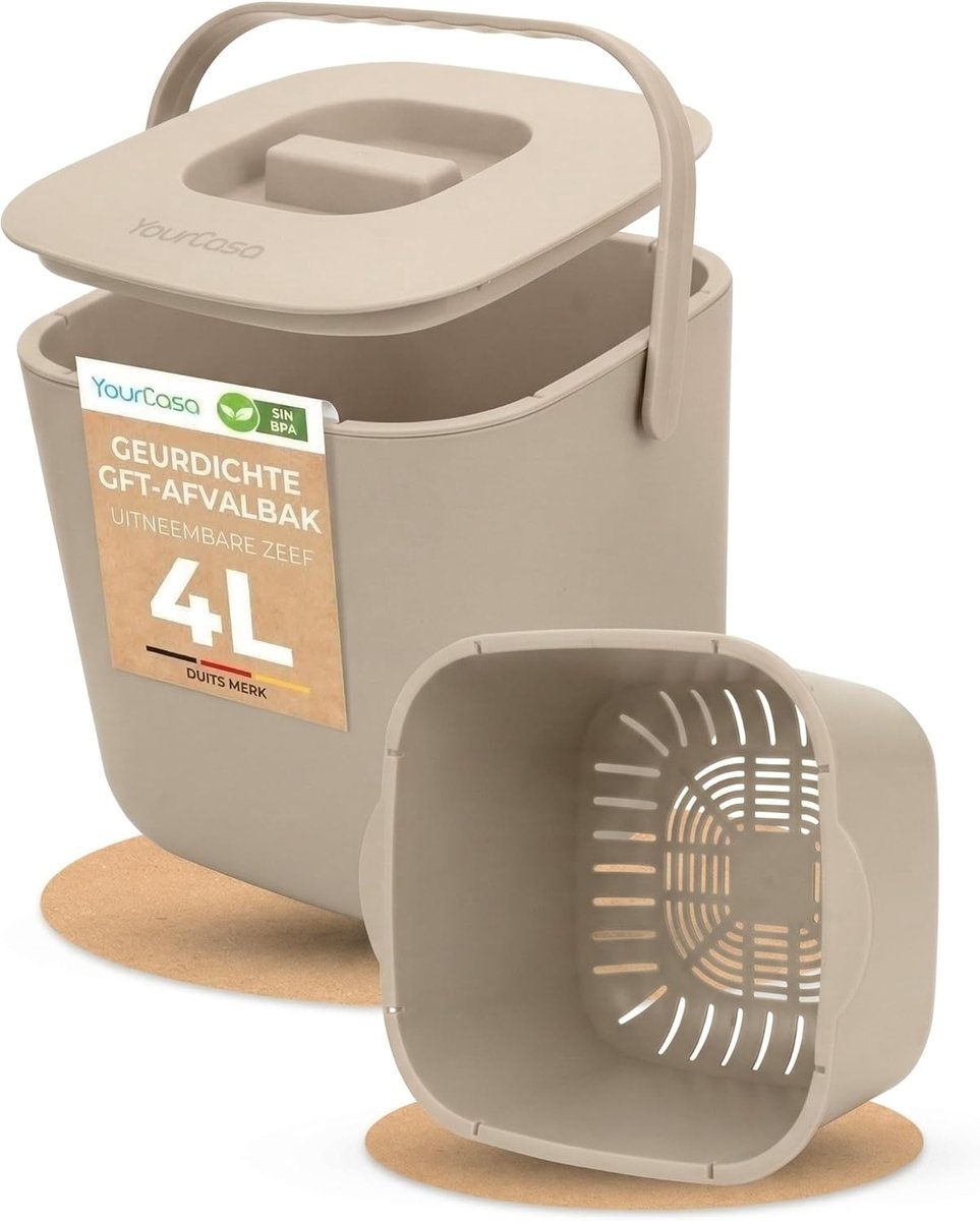 SnelShoppen - Keuken Compost Bin Caddy - 4L Afvalbak met Deksel - Geurvrij en Vaatwasserbestendig - Binnen Composteren voor Keuken en Huishouding - Be