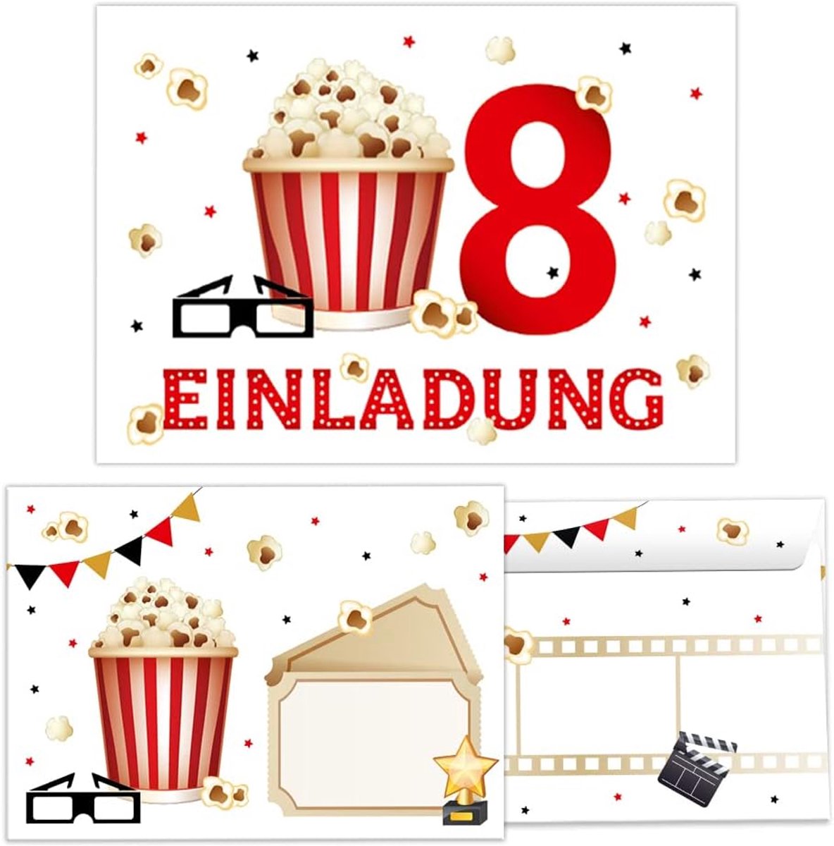 SnelShoppen - 12 Verjaardagsuitnodigingen voor Kinderen, Cinema Thema, Inclusief 12 Enveloppen, Perfect voor 8e Verjaardagsfeest, Geschikt voor Jongen