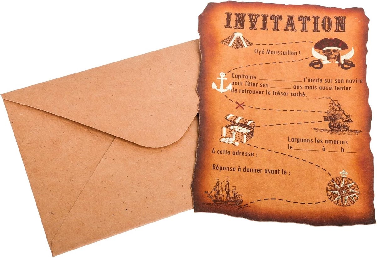 SnelShoppen - Piraten uitnodigingen 8 stuks met enveloppen, 10 x 15 cm, feest, kinderfeestje, verjaardag, karton, papier