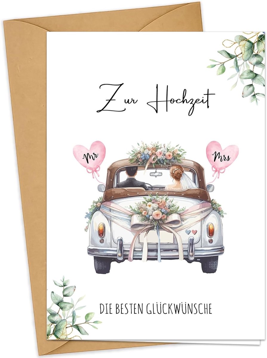 SnelShoppen - Trouwen kaart voor bruiloft - Vouwkaart DIN A6 met Kraft papier enveloppen - Vintage auto met bloemen en hartballonnen - Perfect voor hu