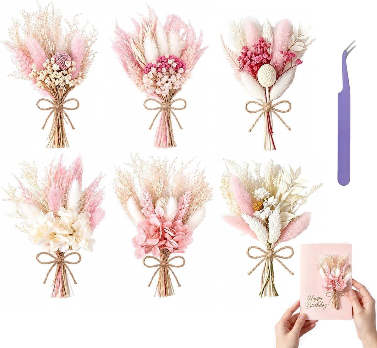 SnelShoppen - Pack of 6 Mini Boeketten Drogen Bloemen, Natuurlijke Rozen, Decoratieve Bloemen voor Bruiloften, Feesten, Vazen, Eco-vriendelijk