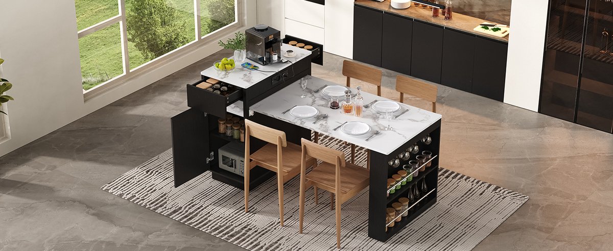Hauss Spole Keukeneiland Tafel - Uitschuifbaar Met Led Verlichting En Stopcontact - Keuken En Eetkamer - Mdf - Zwart - 58 Tot 154 X 80,5 X 94 Cm