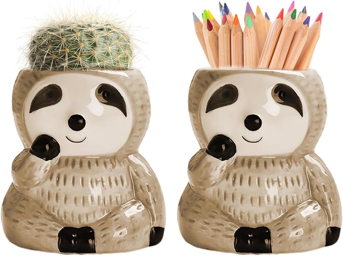 SnelShoppen - Set van 2 Schattige Sloth Keramische Bloempotten voor Succulenten, Cactus en Penhouder - Leuke Decoratie voor Kantoor, Thuis en Tuin - 7