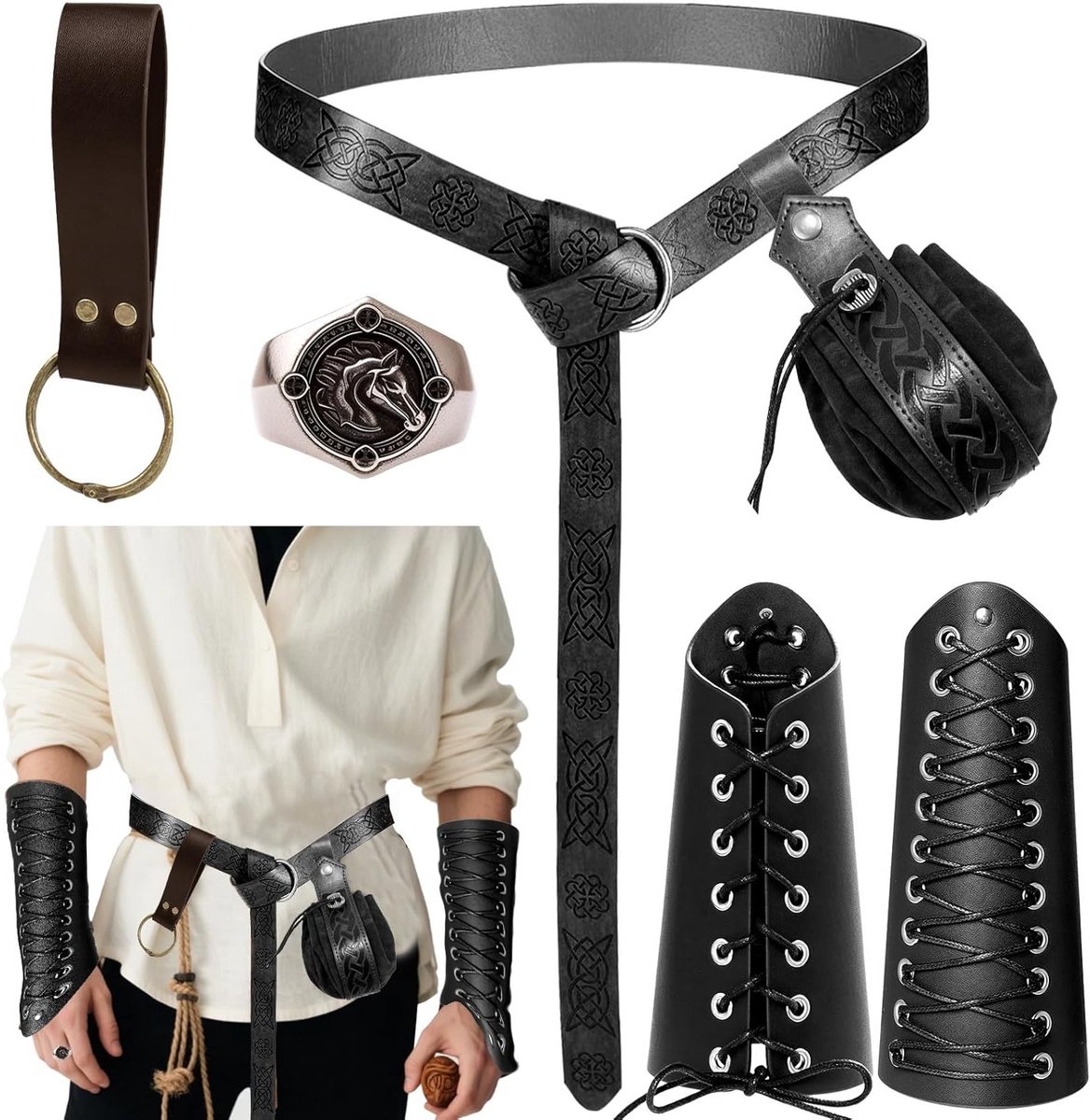 Set van 5 Middeleeuwse Kledingaccessoires voor Mannen en Vrouwen, Inclusief Riem, Tas, Polsbescherming en Ringen voor Halloween en Cosplay