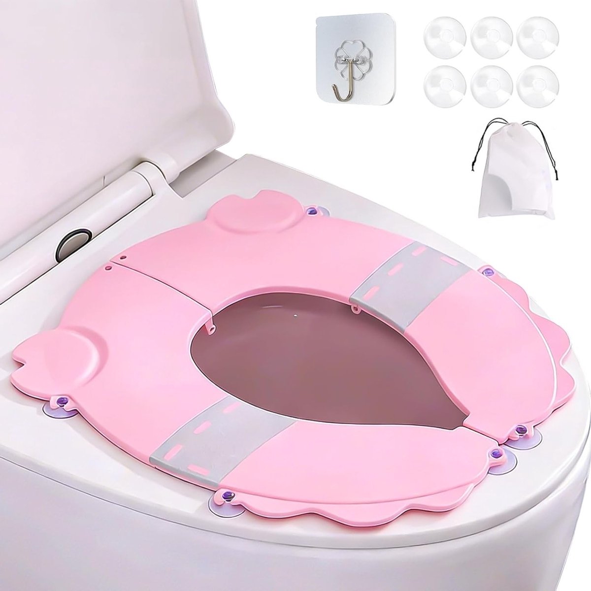 Vouwbare Toiletzitting met Zuignappen voor Kinderen, Comfortabele Toiletverkleiner voor Peuters, Ideaal voor Thuis en Op Reis (Roze)