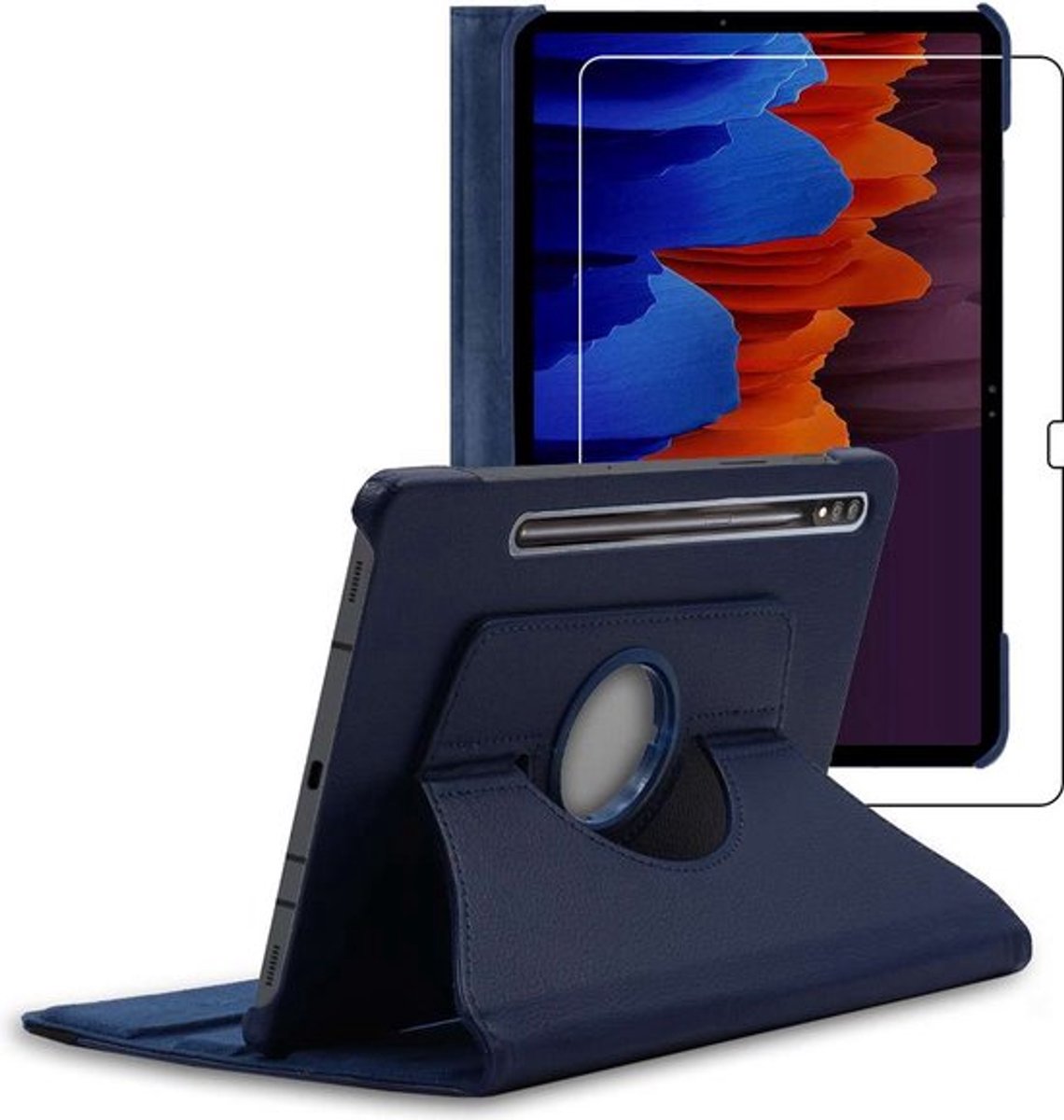 ebestStar - Hoes geschikt voor Samsung Galaxy Tab S7+ SM-T970, Roterende Etui, Case, 360° Draaibaar hoesje, Donkerblauw + Gehard Glas