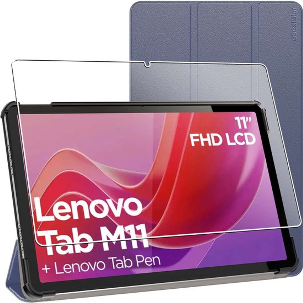 ebestStar - Hoes geschikt voor Lenovo Tab M11, Slanke Design PU Lederen Etui, Automatische Slaap/Wake, SmartCase hoesje, Donkerblauw + Gehard Glas