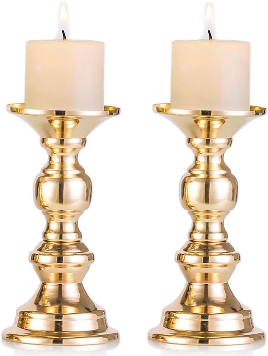 Thijox - Set van 2 Gouden Metalen Pilaarkandelaars - Bruiloft Centerpieces voor 50mm Kaarsen - Elegante Decoratie voor Feesten, Speciale Evenementen e