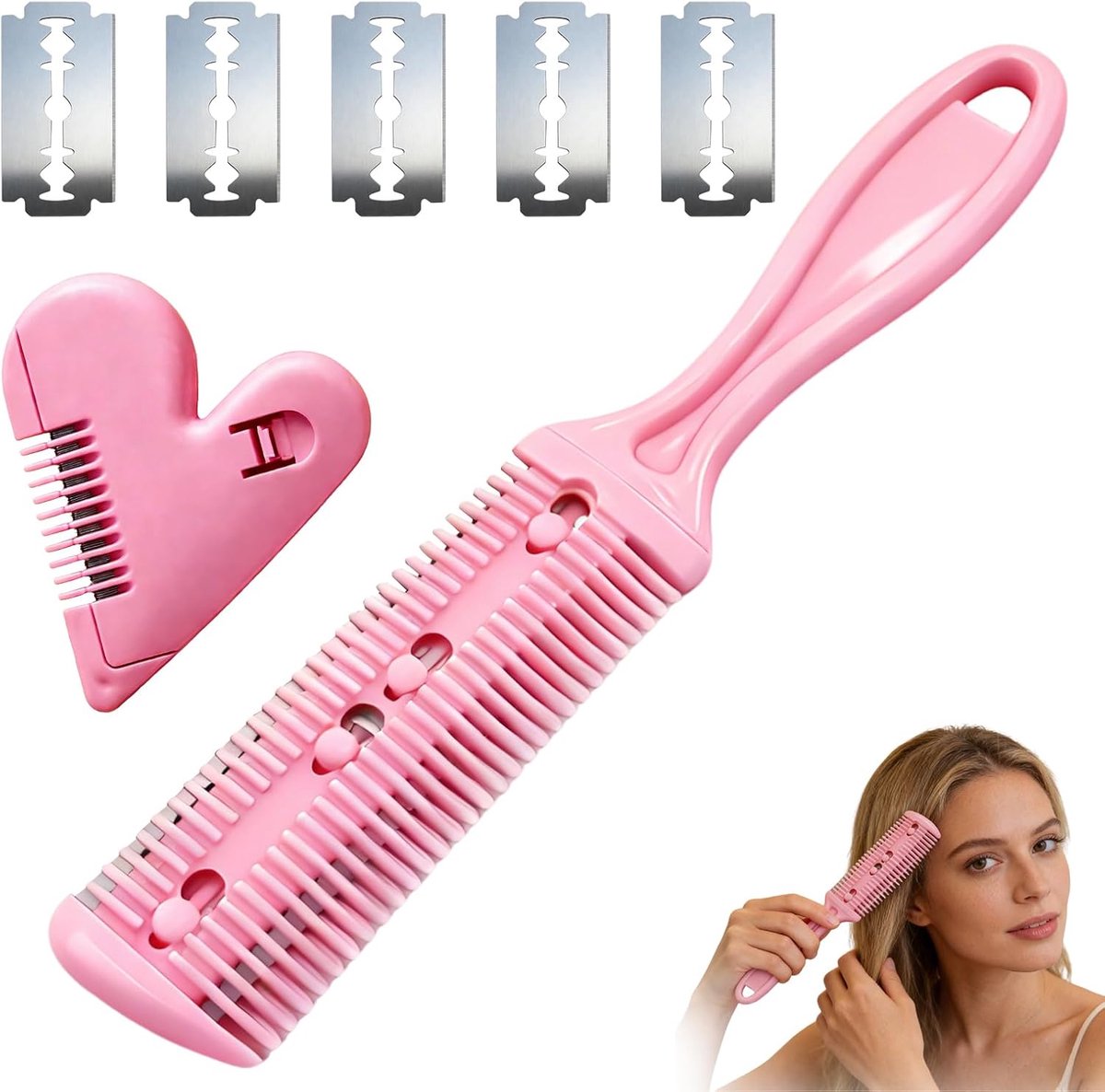 SnelShoppen - 2-Pcs Dubbelzijdige Haarknipper met 5 Vervangbladen, Haarknipkam, Verfijningstool voor Thinning Haar voor Volwassenen en Kinderen Thuisg