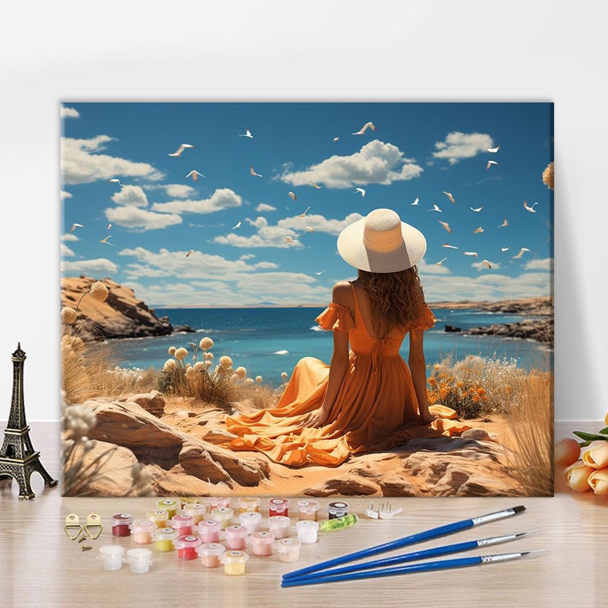 SnelShoppen - Schilderen op Nummer Set voor Volwassenen: Strand, Zon en Vrouw - Compleet met Penselen en Acrylverf, 40 x 50 cm, Creatieve Hobby, Ontsp