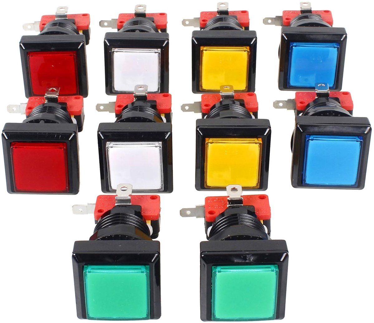 SnelShoppen - 10 x Arcade Square LED Verlichte Drukknoppen met Micro Switch voor Arcade Machine Gaming Consoles Jamma Kit - 12V Lamp 33mm - 10 Kleuren
