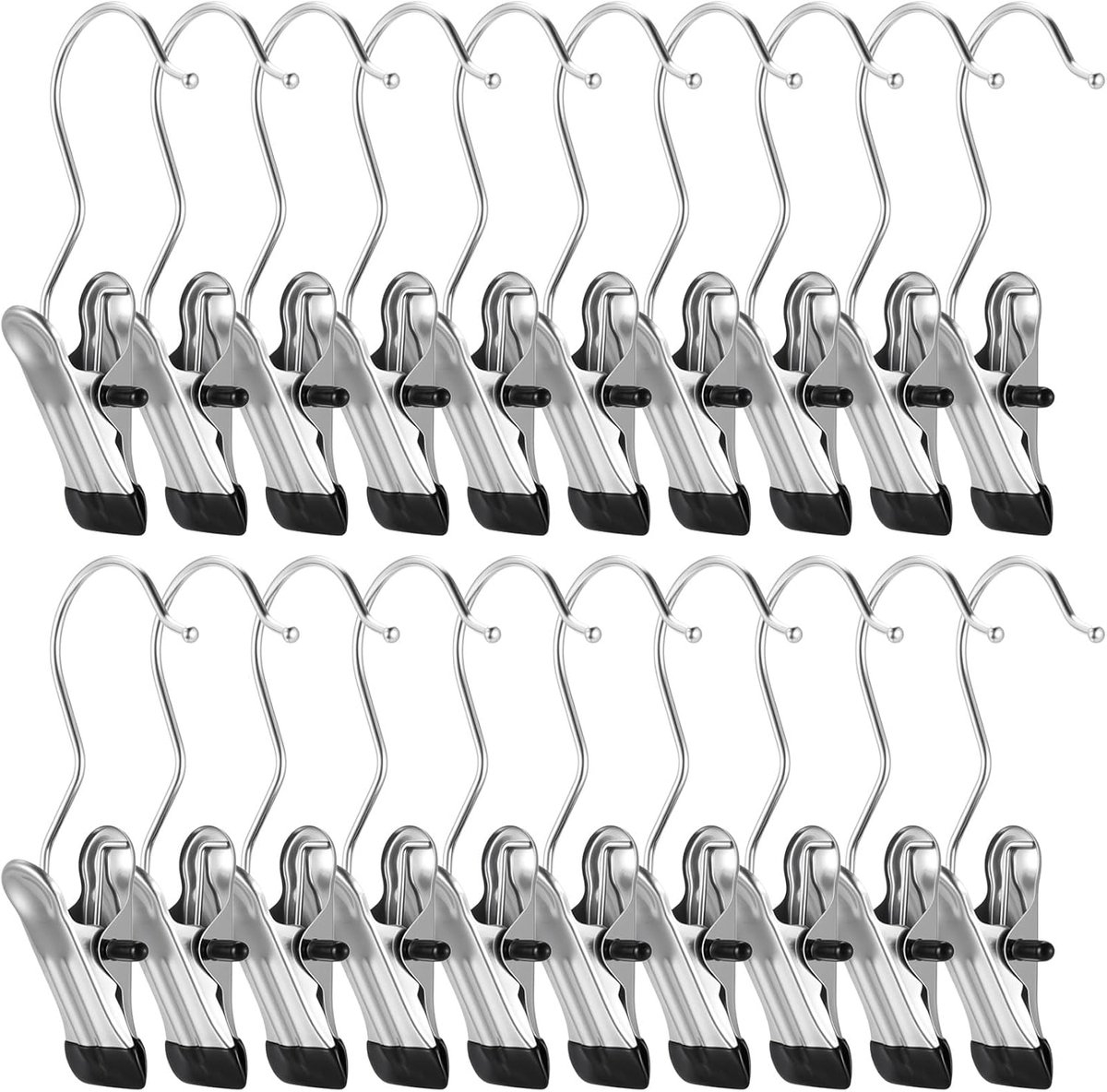 SnelShoppen - 26 Stuks RVS Kledingknijpers met Haak, Roestvrijstalen Wasknijpers, Antislip Kledinghanger Clips, 360° Draaibare Klemmen voor Schoenen,