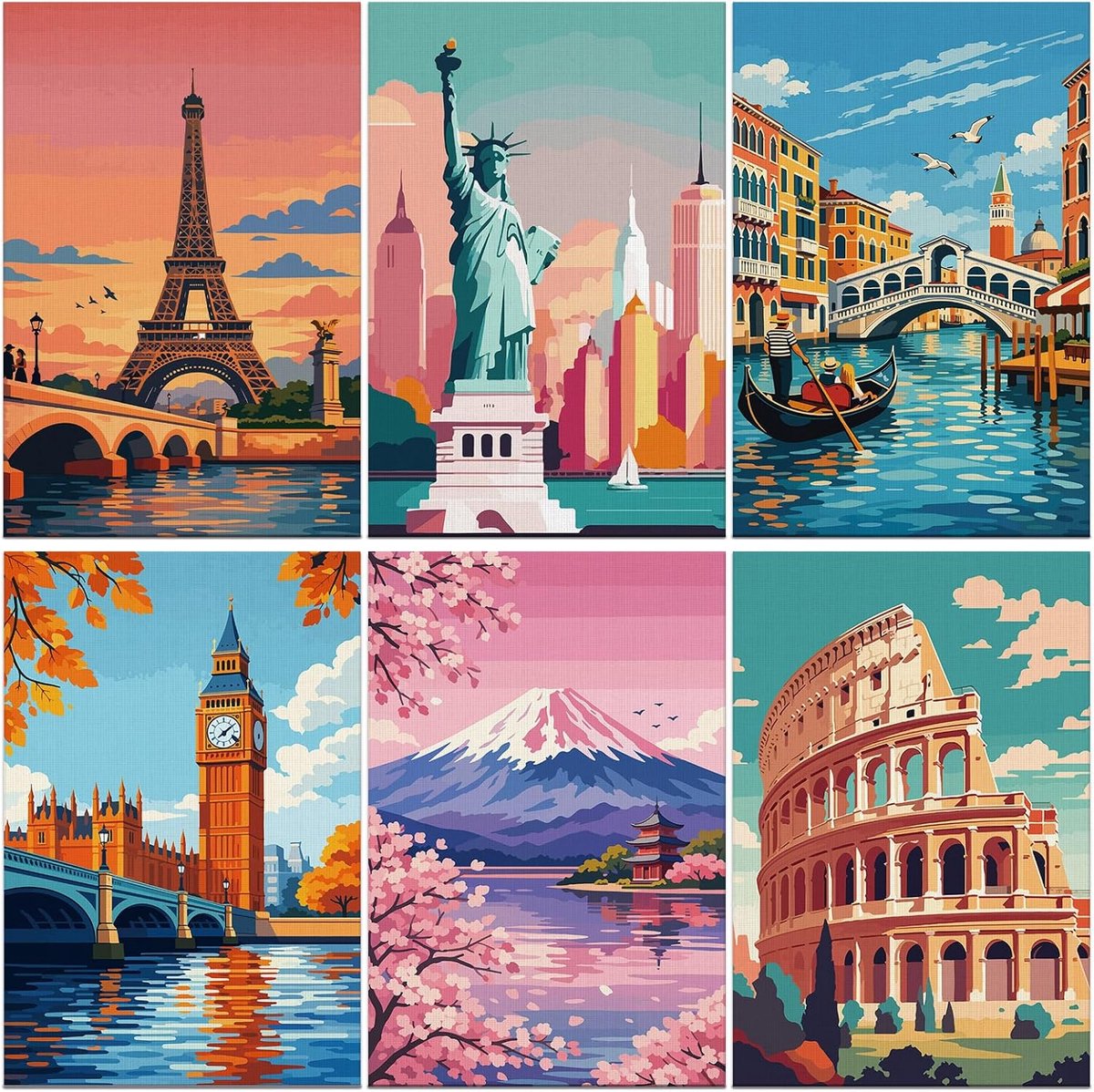 SnelShoppen - 6 Pack Schilderen op Nummer Kits voor Volwassenen en Kinderen, DIY Canvas Olieverf Set met Kwasten en Acrylverf 20x30cm voor Ontspanning